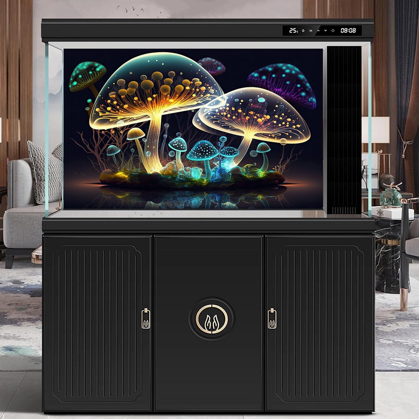 Mushroom Aquarium Background Abstract Glowing Fantasy Mushrooms Terrarium Background Mysterious Forest Magical Night In Circle Shape Crystal Glass Fish Tank Backdrop Decorations Vinyl 48x24in