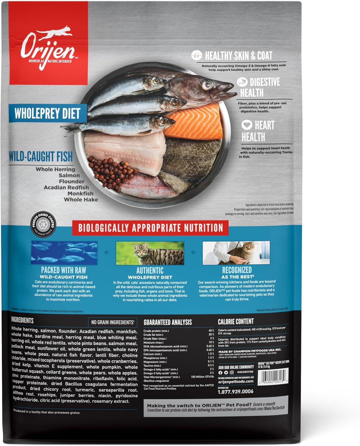 ORIJEN Grain Free High Protein Premium Dry Cat Food Six Fish Recipe 12lb Bag