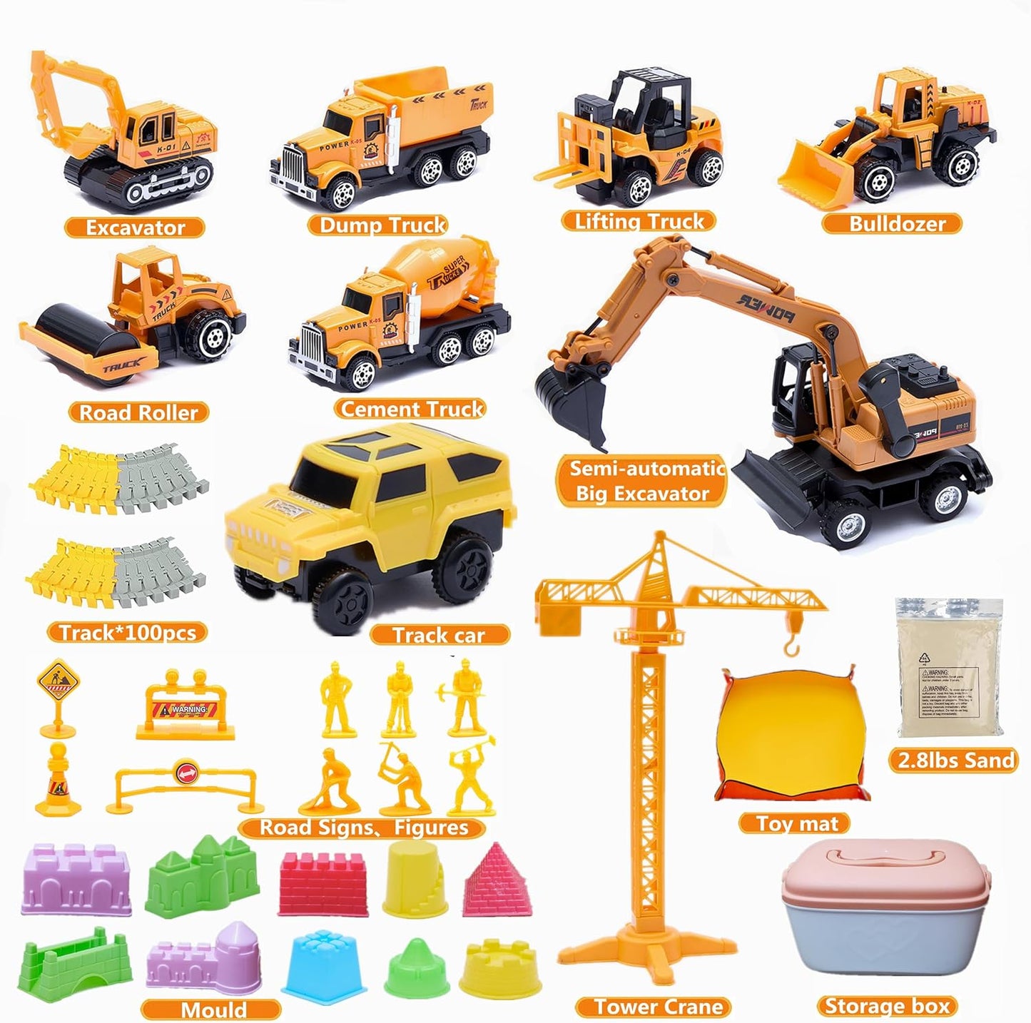 Sand Construction Kit, 2.2lbs Play Sand with Sandbox, 1 Toy Mat 8 Alloy Construction Trucks Race Tracks 10 Sand Molds Sensory Bin Toys for Toddlers Boys Girls Ages 3-8