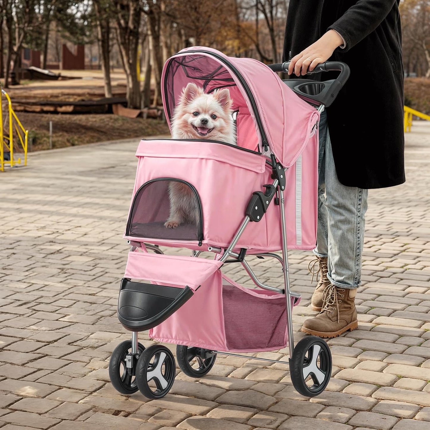 MoNiBloom 3-Wheels Foldable Pet Stroller with Waterproof Cover, Pet Strolling Cart for Small/Medium Dogs and Cats with Storage Basket and Cup Holder, Breathable and Visible Mesh for All-Season, Pink