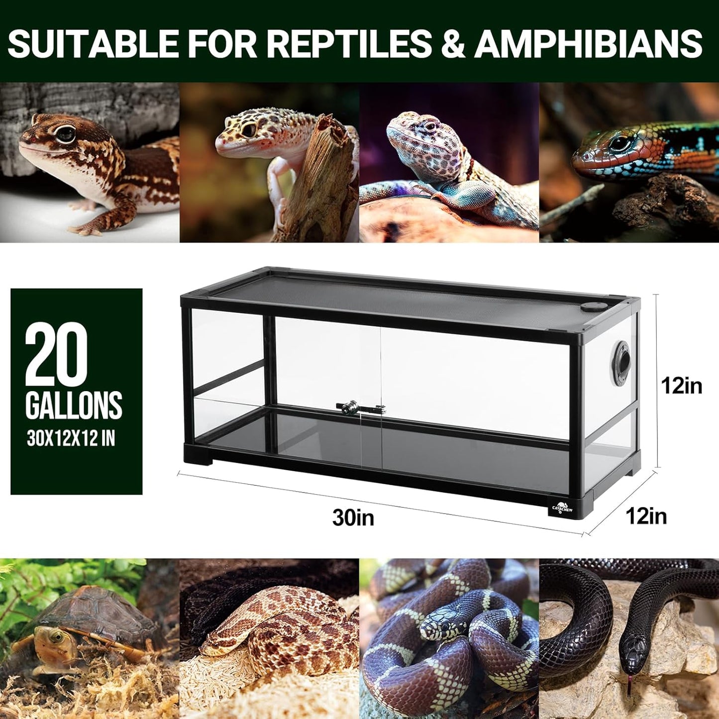 20 Gallon Reptile Tank, 30" x 12" x 12" Reptile Terrarium, Top Screen Ventilation, Sliding Door, Cable & Fogger Pass, Glass Enclosure for Bearded Dragon, Lizard, Gecko, Frog, Snake