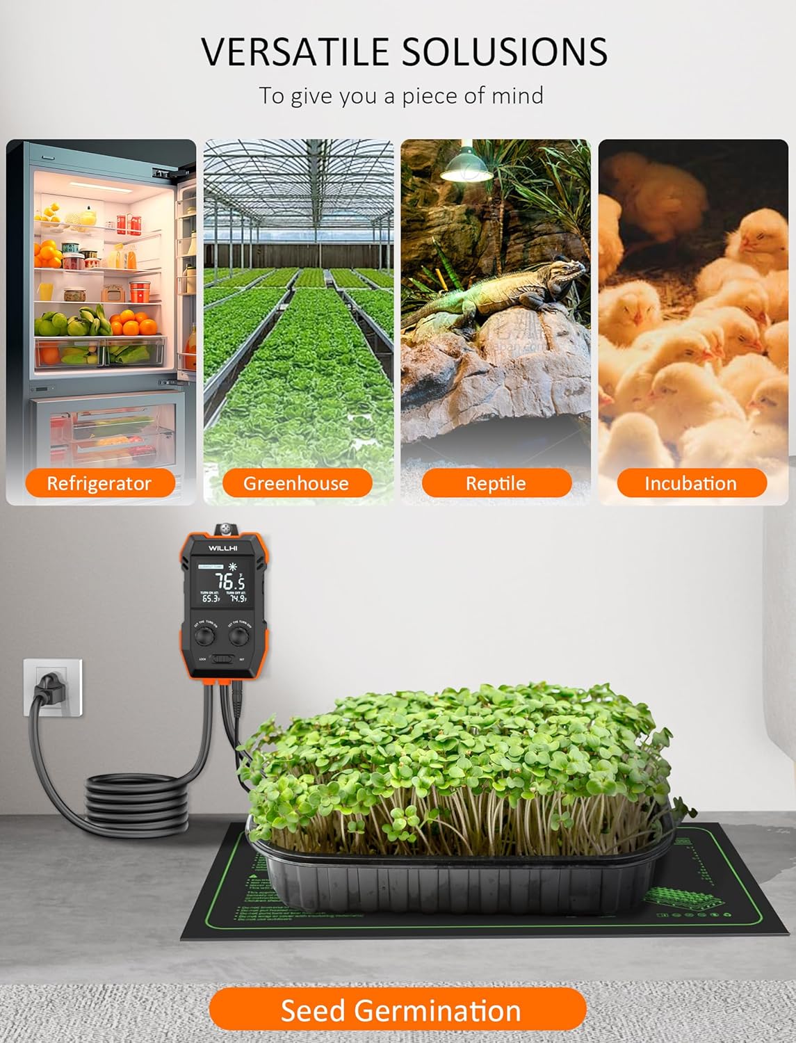 WH2408 Temperature Controller 10A 1200W, Digital Thermostat Controlled Outlet Plug Switch for Reptile Terrarium Greenhouse Homebrew Aquarium Seedling Mat, Heating or Cooling Mode Thermometer