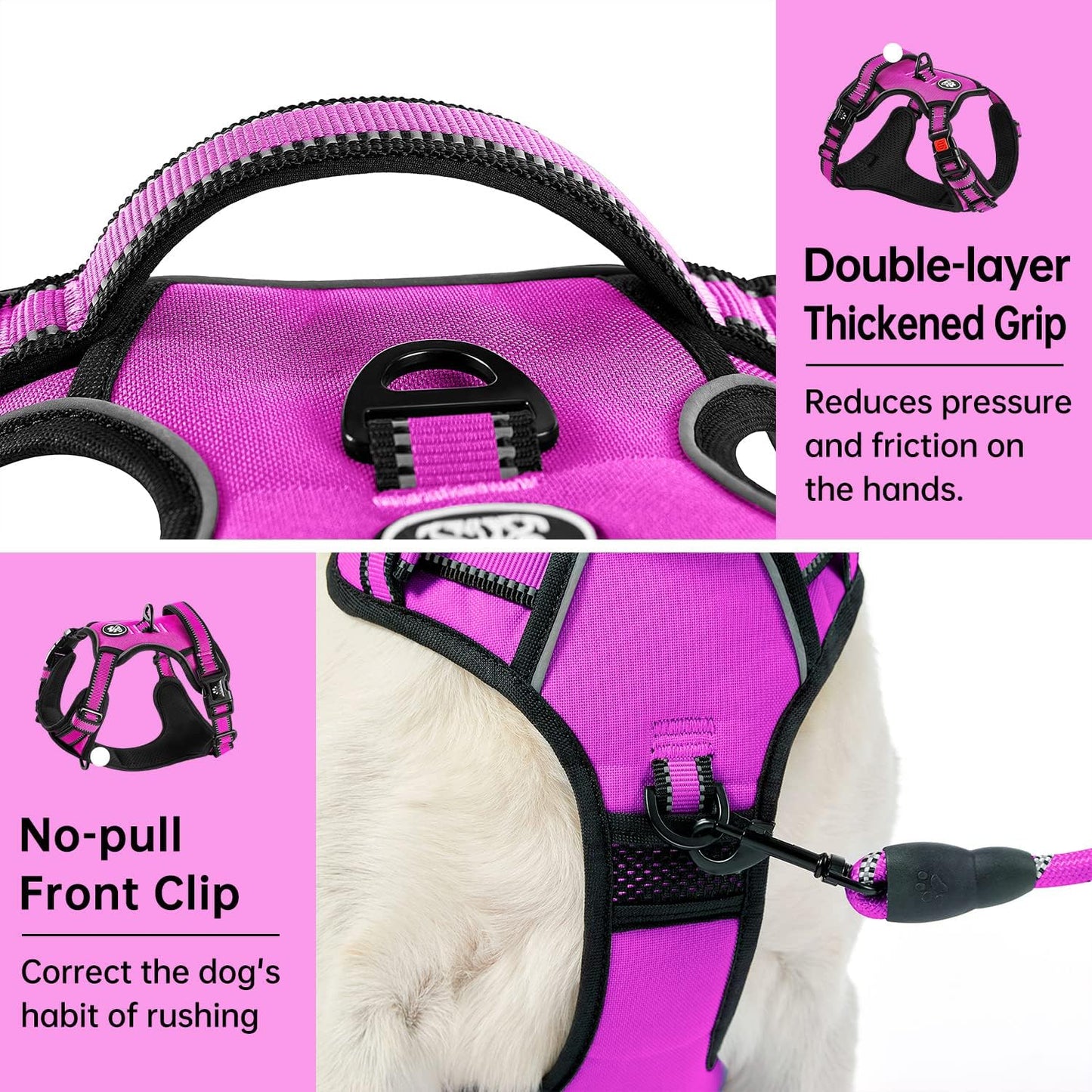 IVY&LANE No Pull Dog Harness for Large Dogs, Dog Vest Harness with Leash, Safety Belt and Storage Strap, Fully Adjustable Harness, 360° Reflective Strip, Soft Handle (Fuchsia Pink, L)