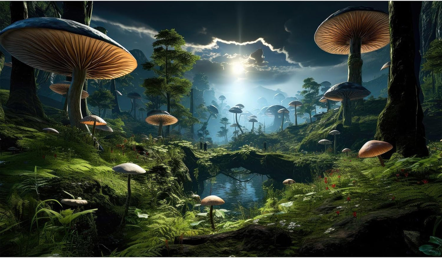 Fantasy Mushrooms Landscape Aquarium Background Tranquil Stream Cloudy Sky Terrarium Background Lush Green Tropical Plants Trees Fish Tank Backdrop Decoration Tank Background Poster 36x20in