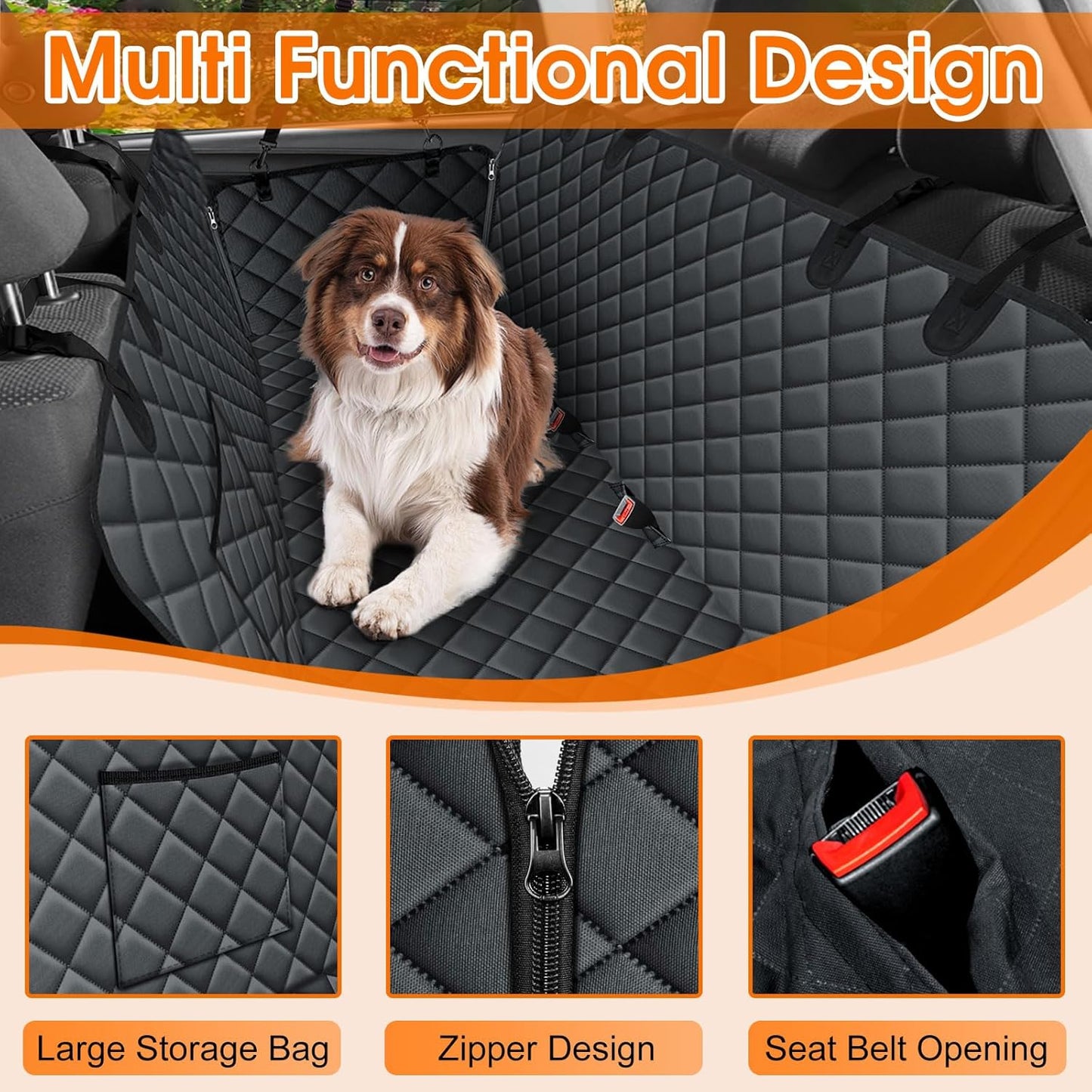 Waterproof Dog Car Seat Cover for Back Seat - Durable, Scratch Proof Pet Hammock with Nonslip Design & Storage Pockets, Fits Cars, SUVs, Trucks - L, Black