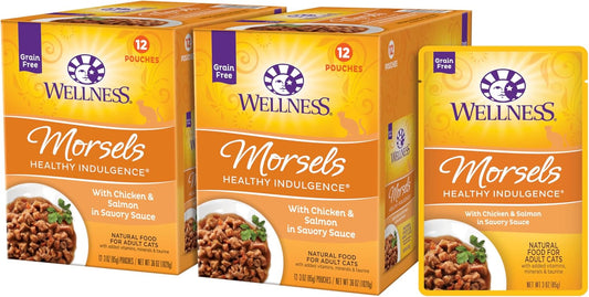 Wellness Healthly Indulgence Morsels Adult Wet Cat Food, Natural, Protein-Rich, Grain Free, 3 Ounce Pouch, 24 Pack, (Chicken & Salmon)