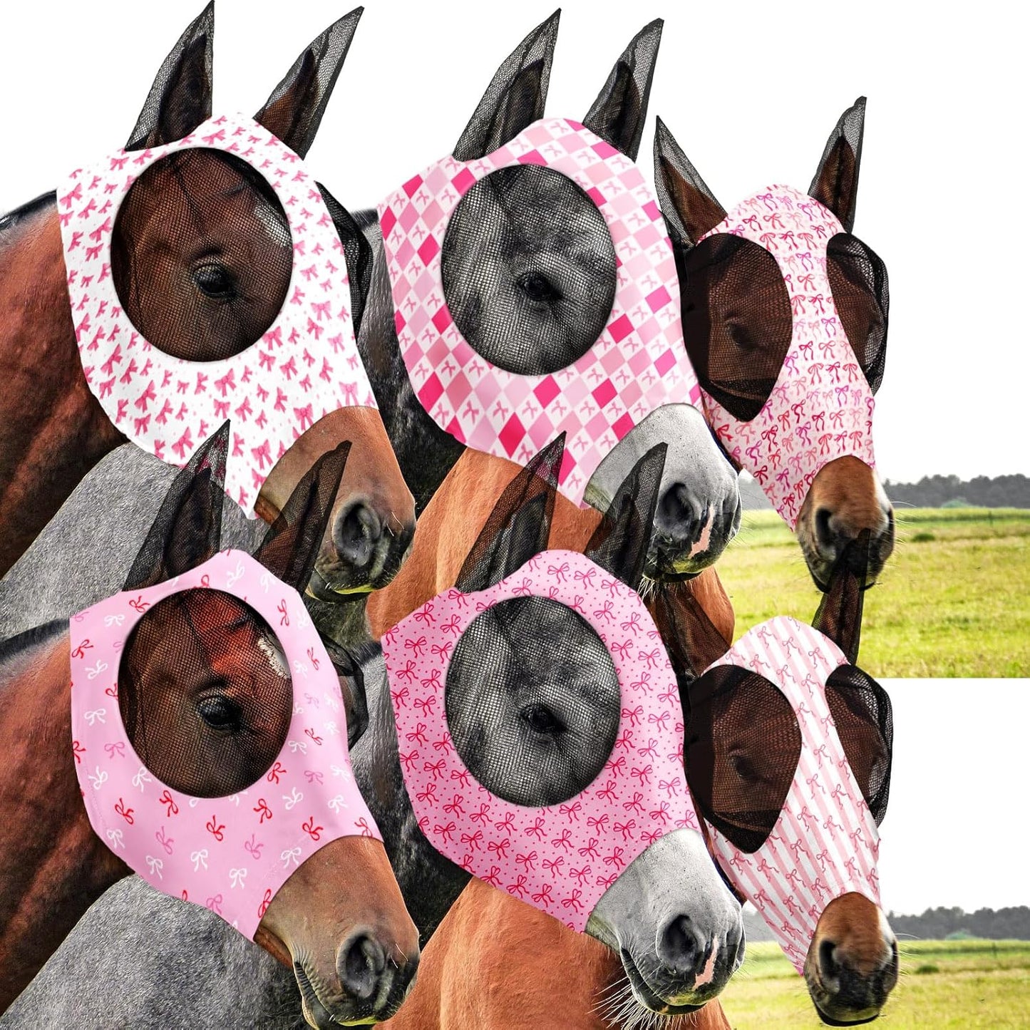 Chunful 6 Pcs Horse Fly Masks with Ears Smooth and Comfortable Cashel Mesh Fly Mask Elasticity Breathability UV Protection Horse Face Covering for Riding Supplies(Pink Bow,Large)