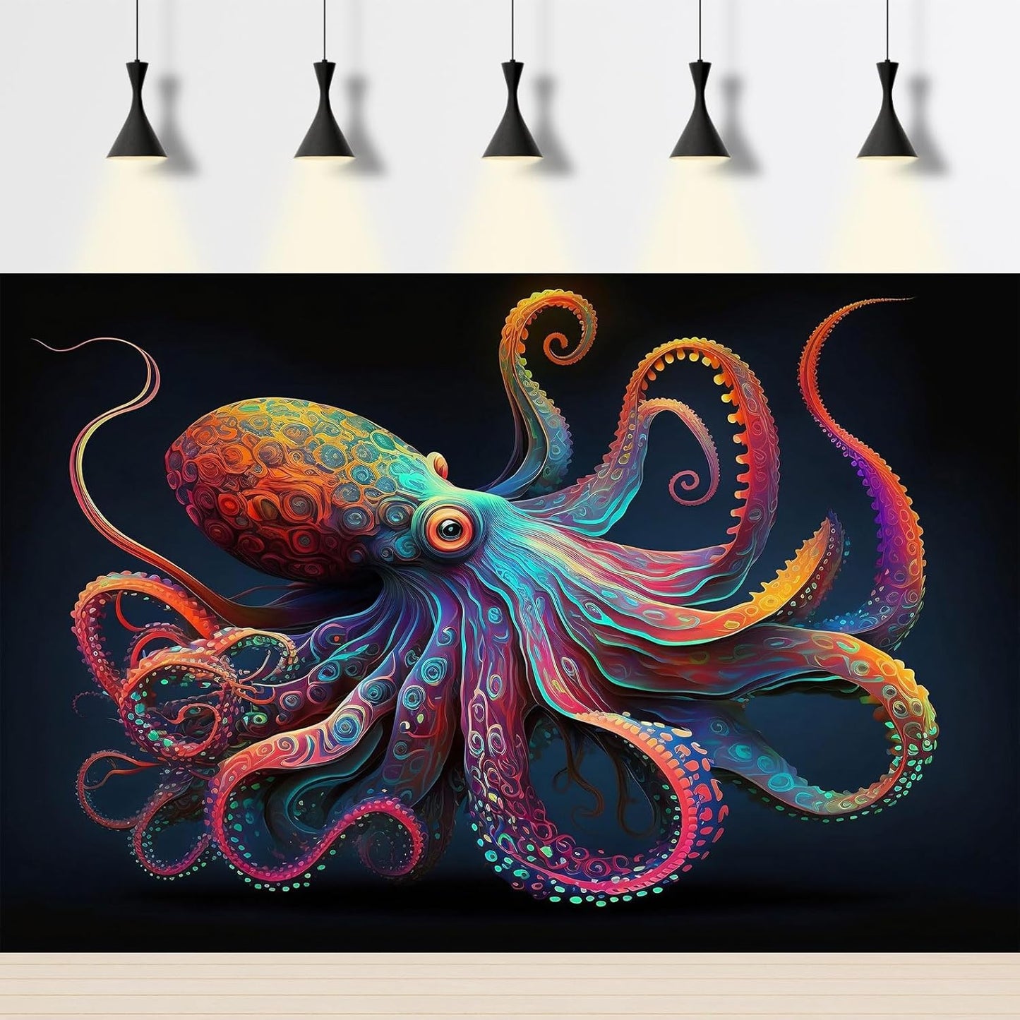 Exquisite Octopus Aquarium Background Abstract Colorful Octopus Terrarium Background Glowing Octopus on Black Background Fish Tank Backdrop Octopus Backdrops Poster Wallpaper Decors Vinyl 30x18in