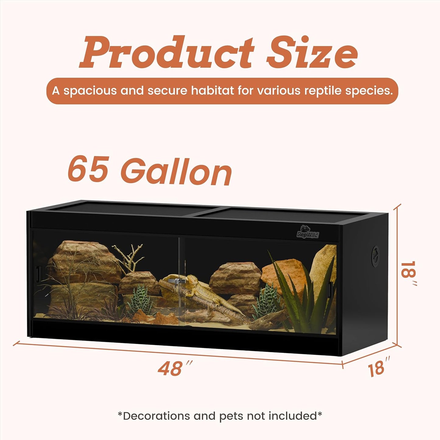 65 Gallon PVC Reptile Enclosure, RepWild 48"x18"x18" Terrarium/Tank with Heavy-Duty Screen Top, Glass Sliding Doors & Lock for Bearded Dragons, Ball Python, Geckos, Lizards