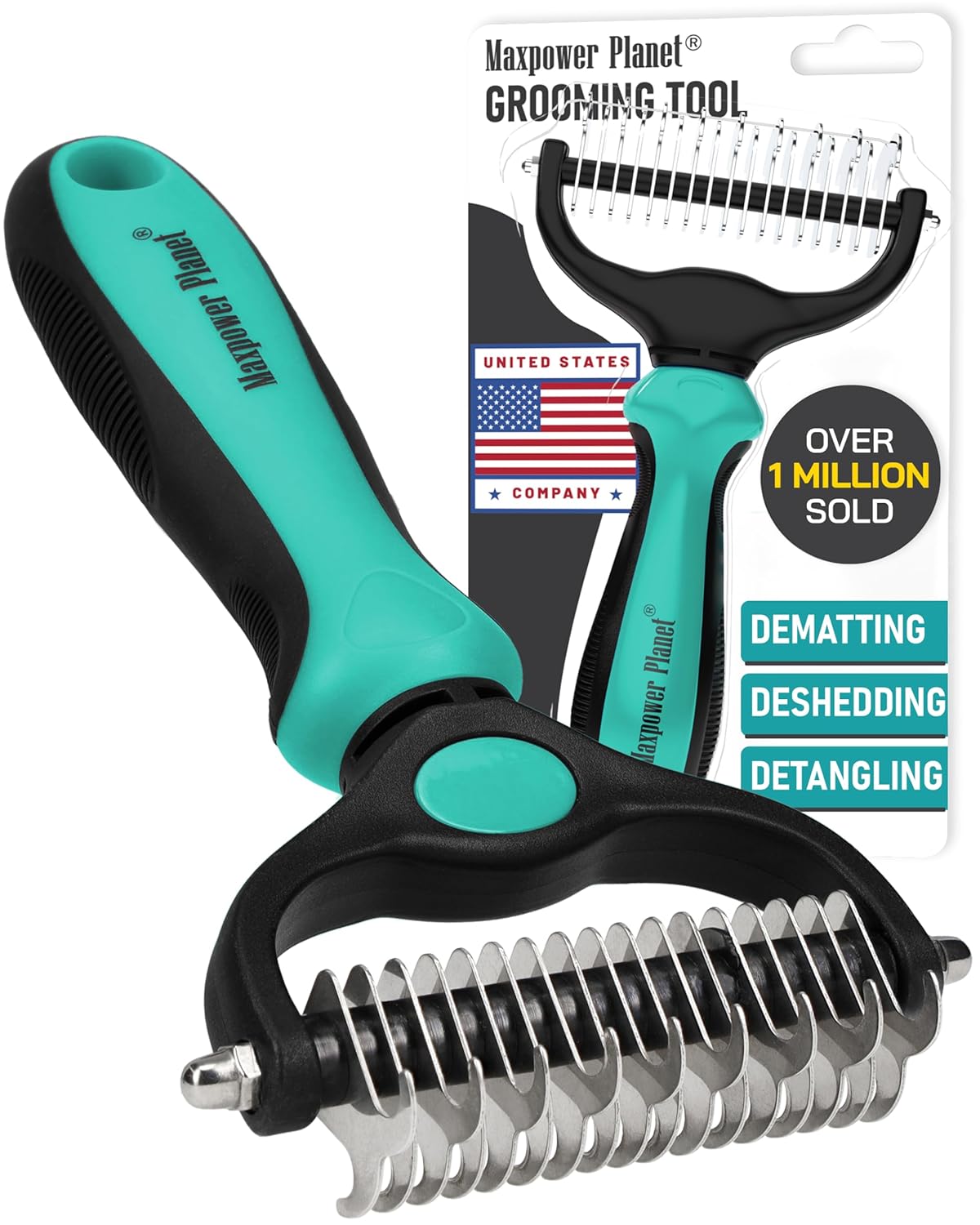 Maxpower Planet Hair Brush - Double Sided Shedding, Dematting Undercoat Rake for Dogs and Cats - Extra Wide Dog Grooming Brush, Reduce Shedding by 95%, Turquoise
