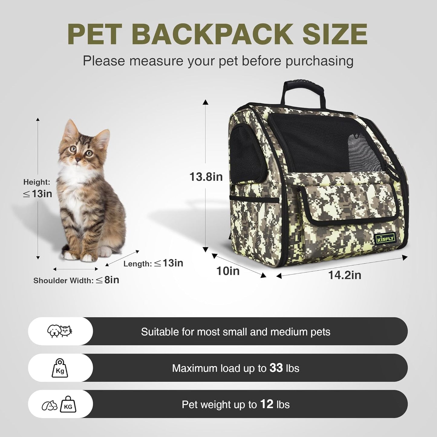 Collapsible Cat Backpack Carrier, Dog Backpack Carrier for Small Dogs Cats Up to 12 Lbs, Three-Sided Breathable Pet Backpack with Soft Padded, Designed for Outdoor and Travel Use, Camo