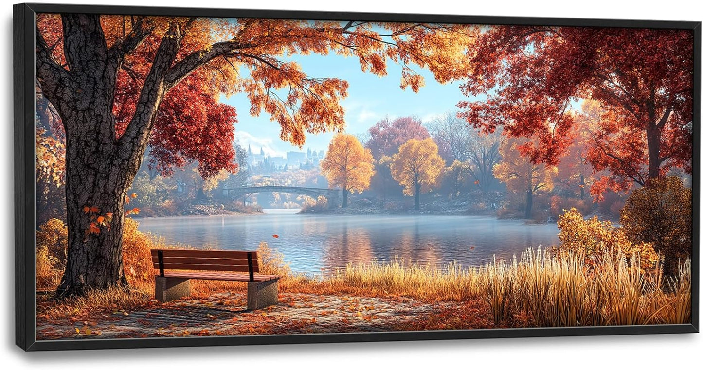 Large Autumn Tree Wall Art for Living Room, Framed Oversized Lake Landscape Wall Decor Nature Canvas Painting Modern Artwork for Living Room Bathroom Bedroom Office Dining Room 60"x30"
