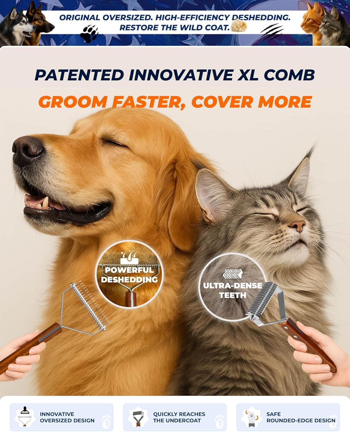 Dog Brush for Shedding 20 Blade Dematting Tool Pet Brush, Undercoat Rake for Large Medium Small Dogs and Cats, Shedding Dog Comb for Grooming, Premium Wood Handle, Efficiently Detangle and Groom Coats