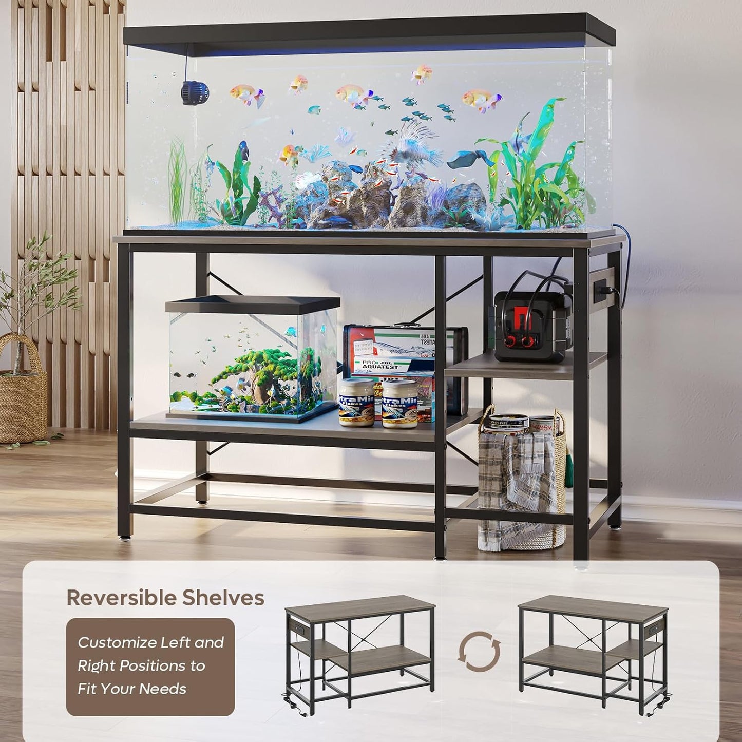 55 Gallon Fish Tank Stand with Charging Station, 49.2x13.8 Metal Aquarium Stand with 3-Tiers Adjustable Storage Shelves, 6-Legs Reptile Terrarium Stand, 700 LBs