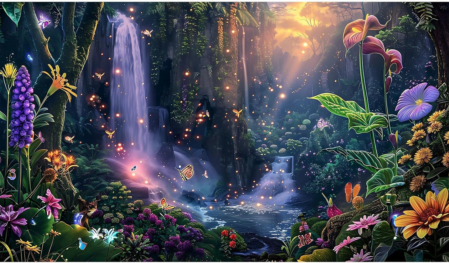 Fantasy Garden Aquarium Background Sunset Waterfall and Flowers Terrarium Backdrop Tropical Forest Lush Plant Magic Butterfly Lights Flowers Fish Tank Background Poster Decorations 72x18in