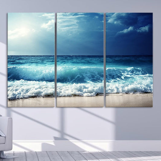 Nature Wall Art Prints - Ocean Forest Mountain Lake Canvas Landscapes - Small to Extra Large Living Room Bedroom Kitchen Bathroom Décor (Summer Ocean Beach, 39L" x 59W" - 3 Panels)