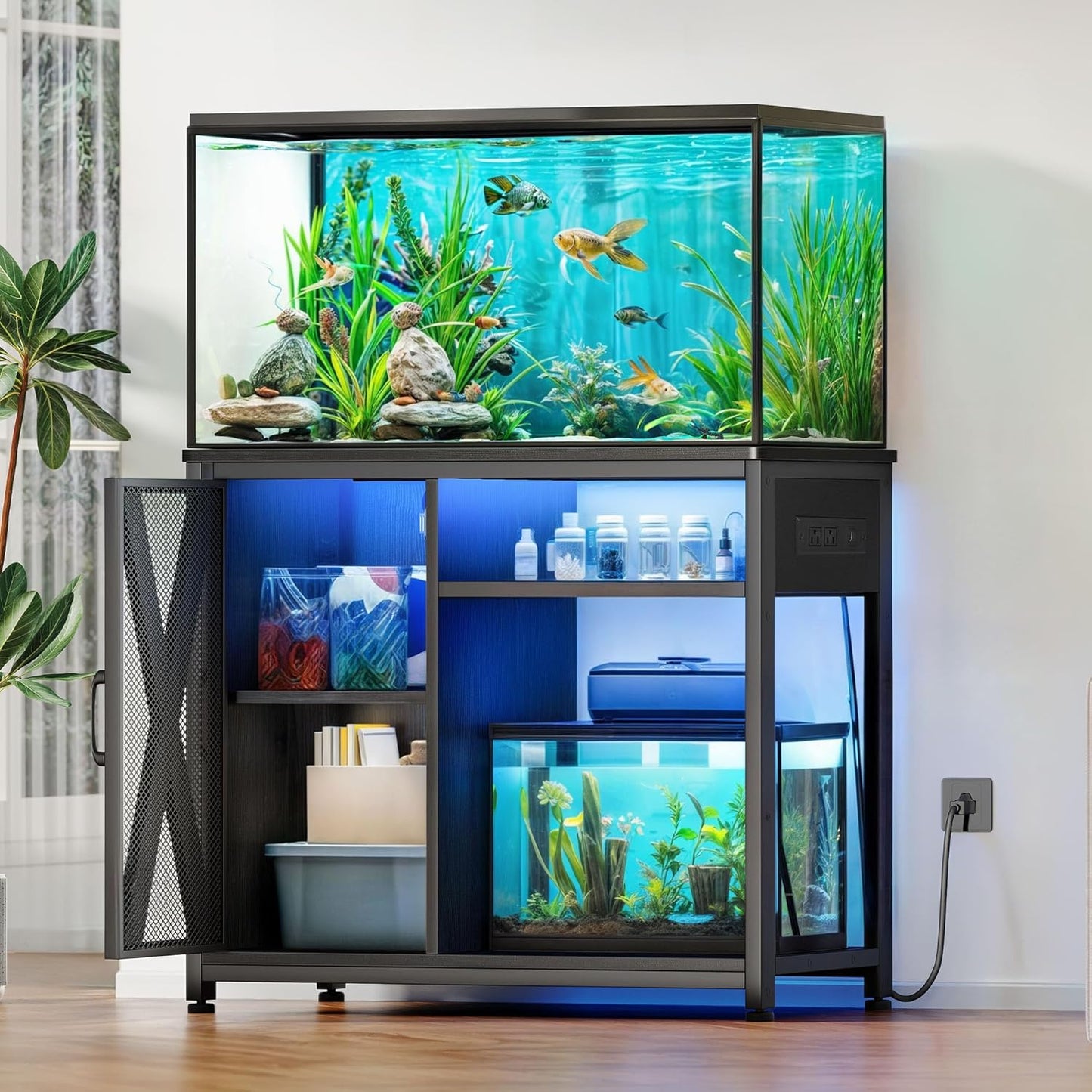 YITAHOME Fish Tank Stand with Power Outlets & LED Light, 40-50 Gallon Metal Aquarium Stand with Cabinet for Fish Tank Accessories Storage for Turtle Tank, Reptile Terrarium, 660LBS Capacity, Black