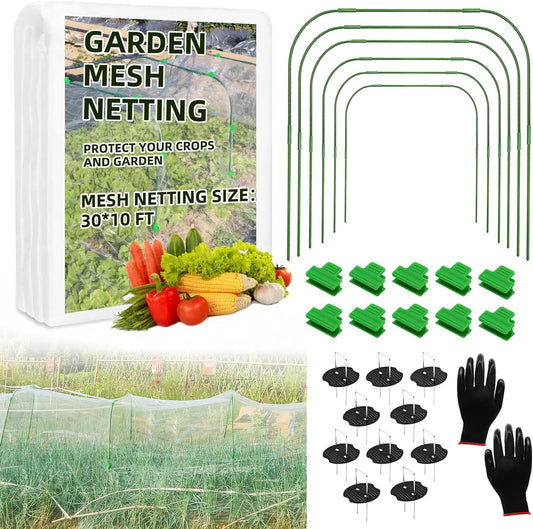 Garden Netting Kit, 10X30 Ft Garden Ultra Fine Mesh Net Bird Barrier Protection with Garden Hoops for Protect Garden Vegetables Flowers Shrubs Fruit Trees Indoors & Outdoors Plant Beds Greenhouse