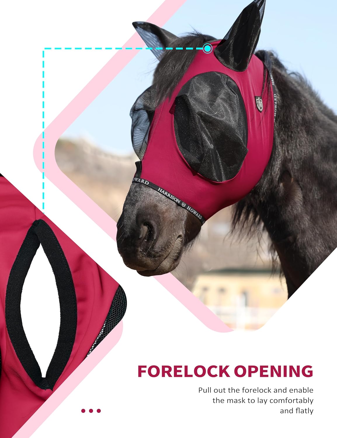 Harrison Howard Horse Fly Mask with Forelock Opening Stretch Breathable and Comfortable for Horses UV -Protection Burgundy M