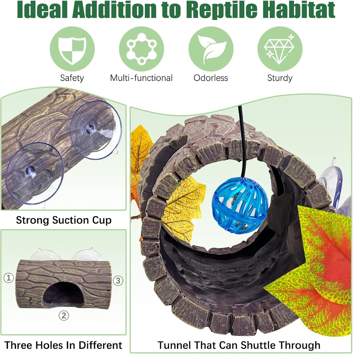 Hamiledyi Reptile Hide Cave Resin Hollow Log Hideout with 2pcs Powerful Suction Cup, Plastic Plant Leaves Ornament Snake Hide Hermit Crab Climbing Toys for Gecko Lizard Hermit Crabs Frogs