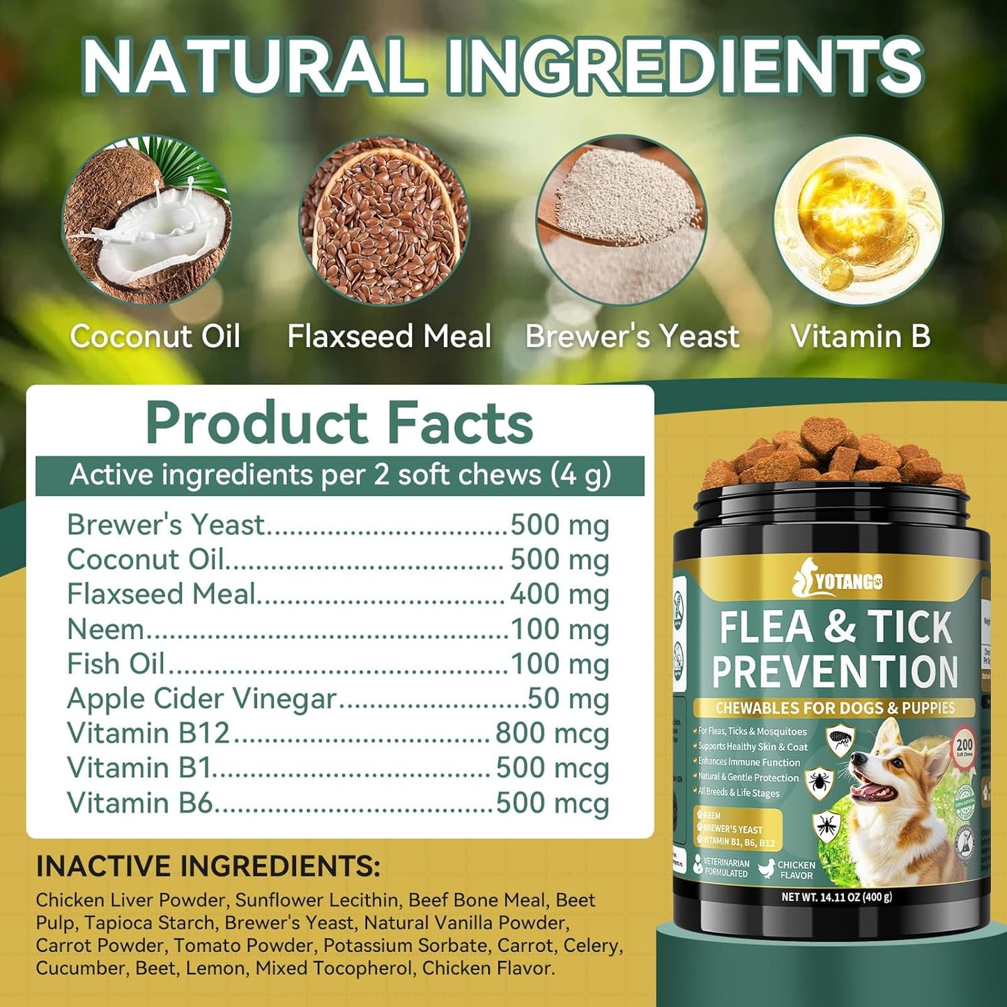 YOTANGO Flea and Tick Prevention for Dogs Chewable, 200 Soft Treats Natural Dog Flea and Tick Treatment Chewable, Oral Flea Supplement Chews, Skin & Coat Support for Dogs Puppies - All Breeds & Ages