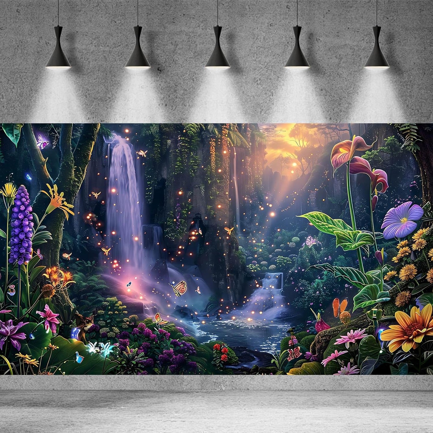 Fantasy Garden Aquarium Background Sunset Waterfall and Flowers Terrarium Backdrop Tropical Forest Lush Plant Magic Butterfly Lights Flowers Fish Tank Background Poster Decorations 36x24in