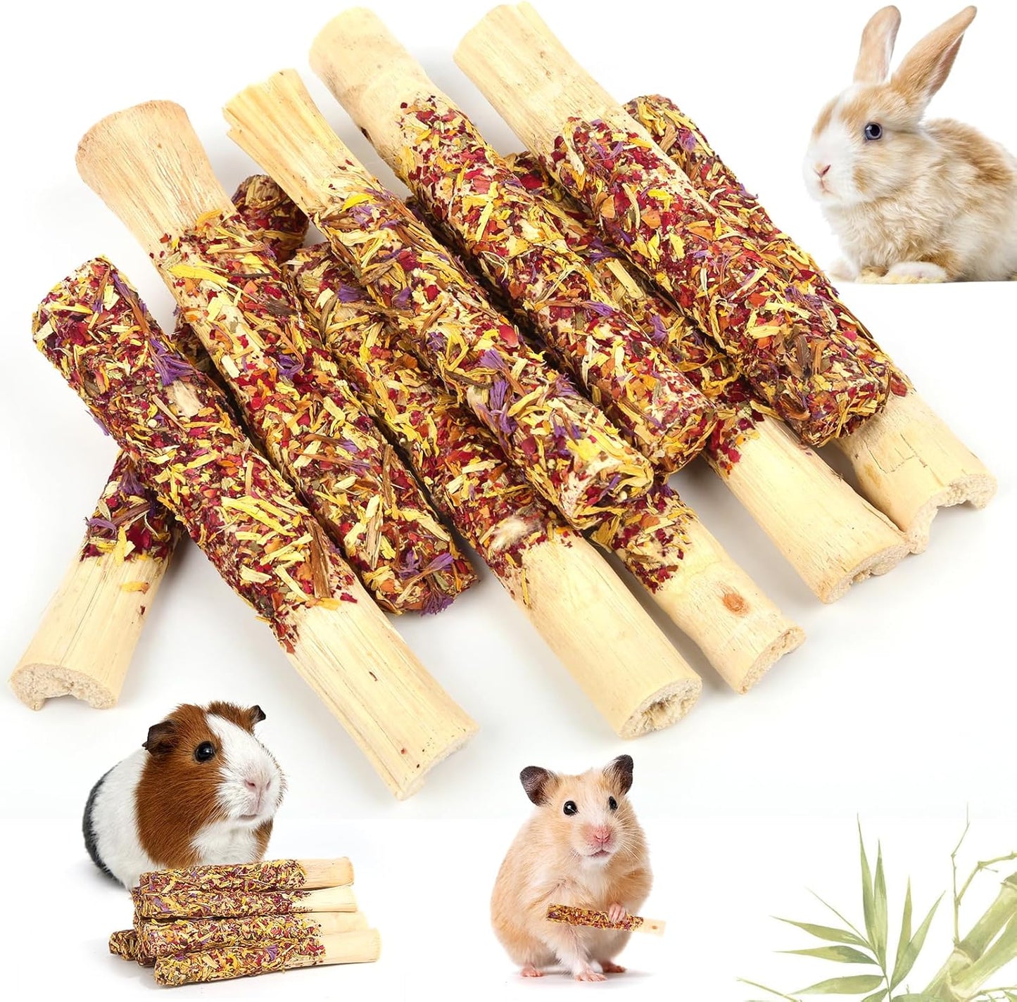 Abizoo Natural Rabbit Chew Toys,10 Sticks Sweet Bamboo Sticks for Rabbits with Petals,Bunny Chew Toys for Guinea Pig,Chinchilla,Hamster Treats Pet Wood Chews Snack Healthy Small Animals Toys for Teeth