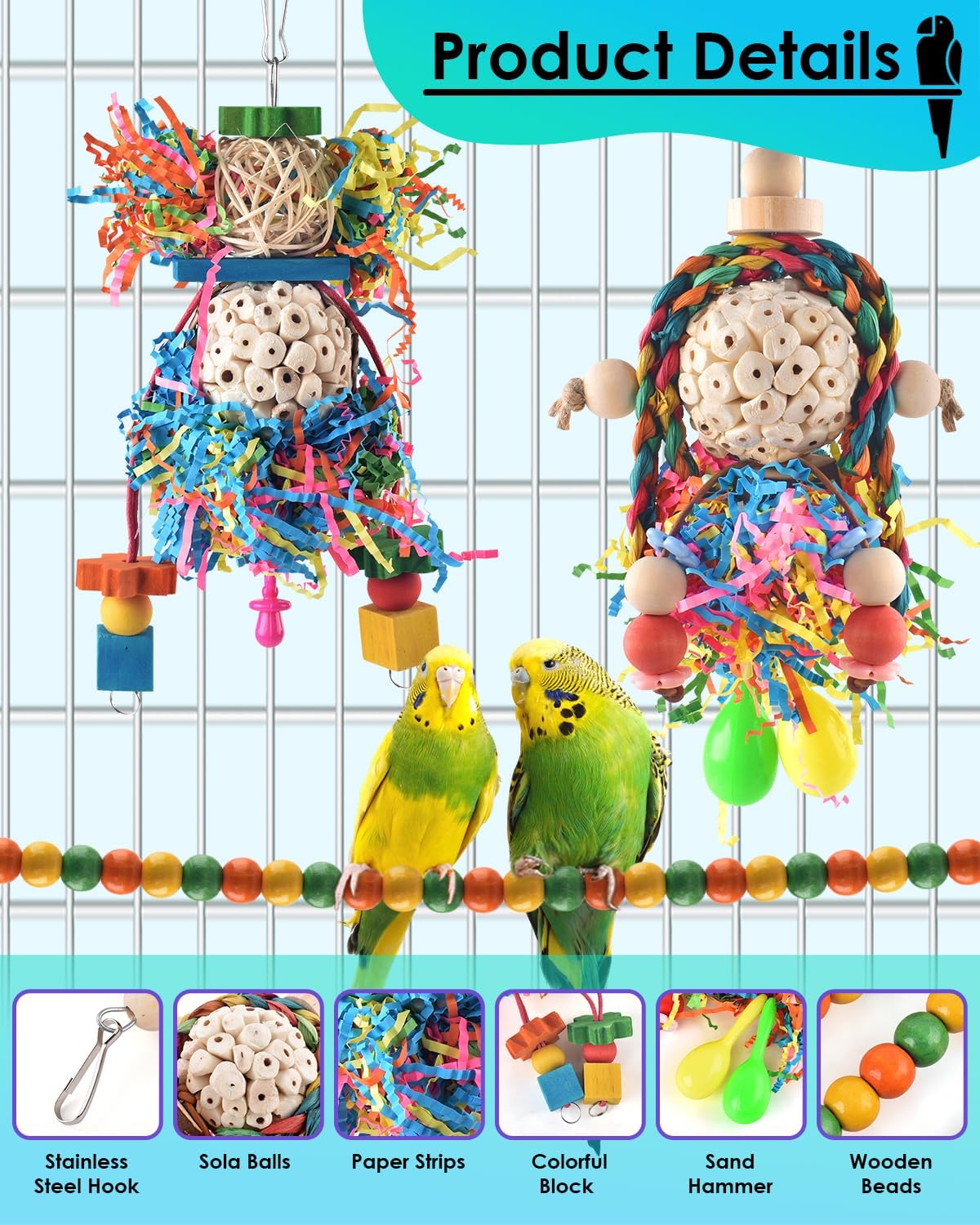 Bissap Conure Toys, 3 PCS Parrot Foraging Shredder Hanging Toys Sola Balls with Sand Hammer Perch Swing Climbing for Small Parrots Parakeets Conures Cockatiels Love Birds Cage Toy