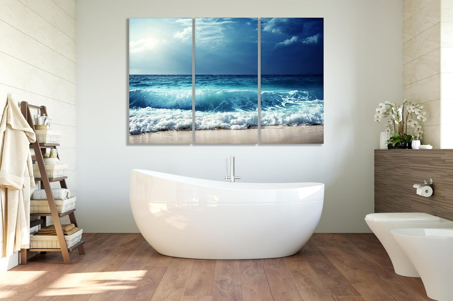 Nature Wall Art Prints - Ocean Forest Mountain Lake Canvas Landscapes - Small to Extra Large Living Room Bedroom Kitchen Bathroom Décor (Summer Ocean Beach, 35L" x 53W" - 3 Panels)