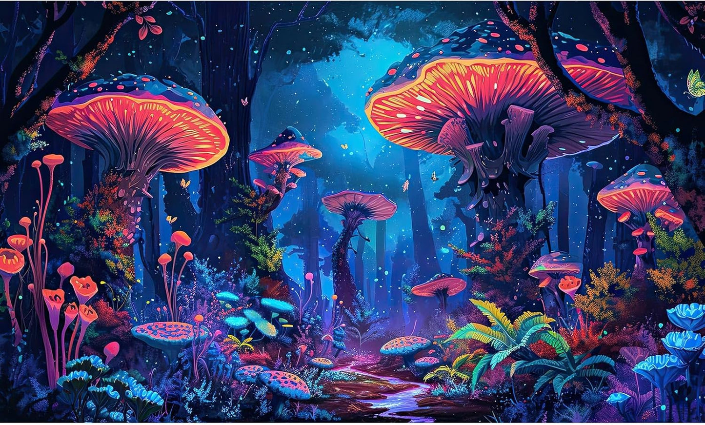 Mushrooms Aquarium Background Fantasy Bright Flowers Butterflies Fish Tank Backdrop Decoration Poster Trippy Wonderland Landscape with Giant Mystical Mushrooms Terrarium Background Decor 30x12in