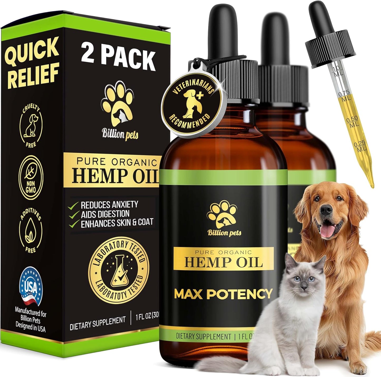 Billion Pets - Hemp Oil for Dogs and Cats - Helps with Anxiety, Pain, Stress, Sleep, Arthritis, Seizures Relief - Hip and Joint Support - Calming Drops