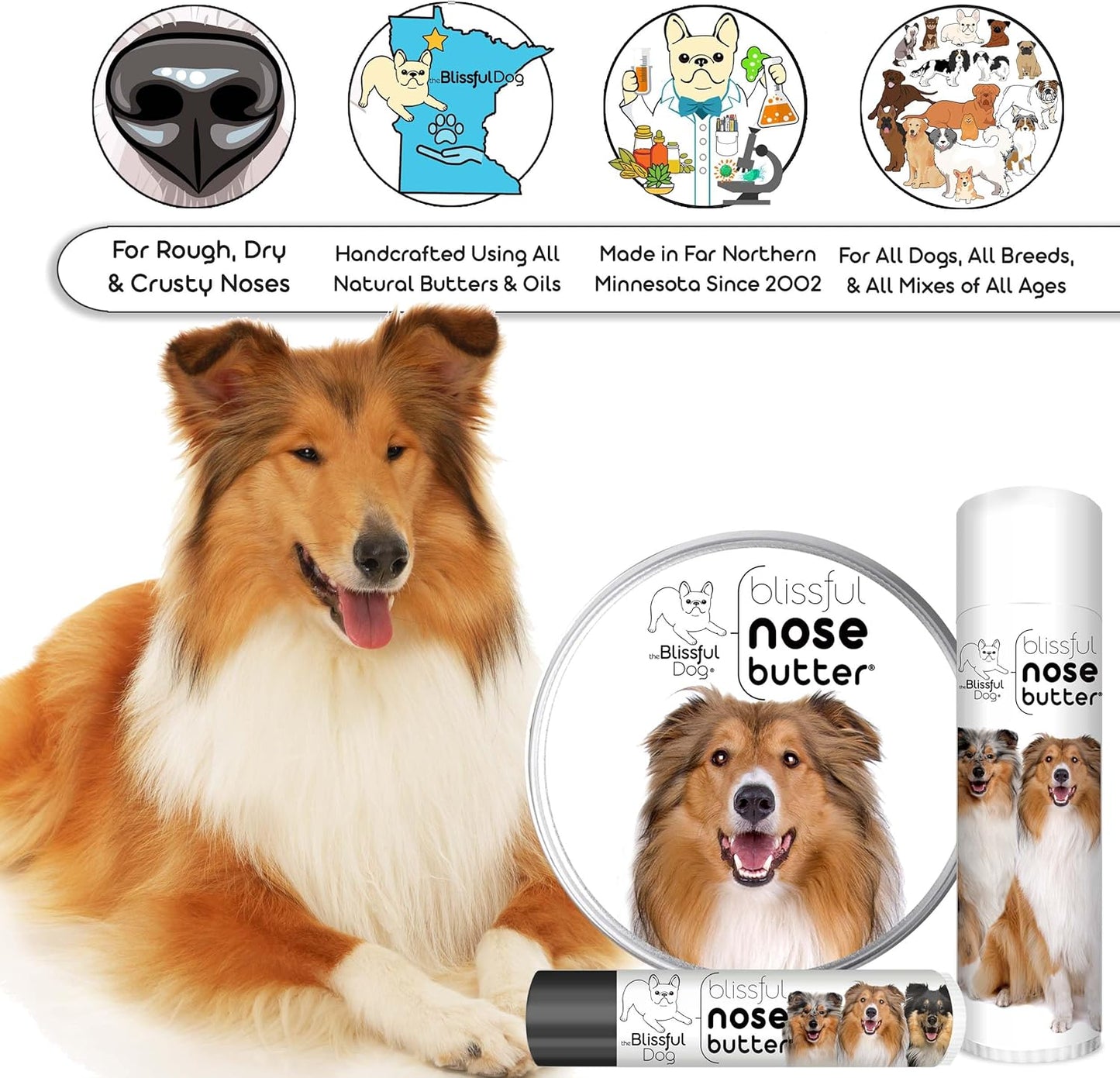 The Blissful Dog Collie Nose Butter for Dry, Cracked Skin, Lick-Safe Dog Nose Balm with Moisturizing Shea Butter, Almond, Olive, and Essential Oils, Pet Supplies, Uncented, 8 oz.