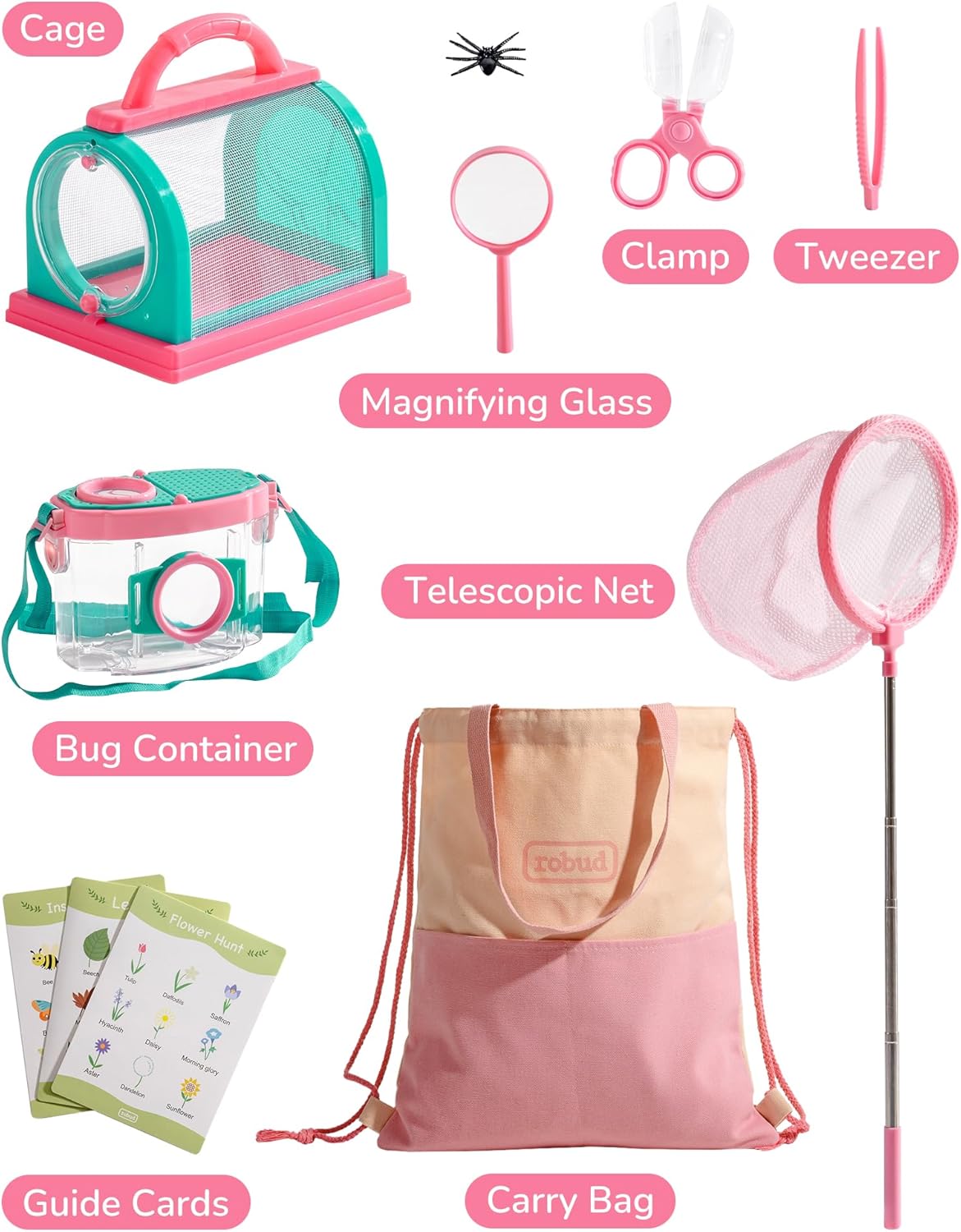 ROBUD Kids Explorer Kit, Bug Catcher Kit with Bag Kit, Pink Outdoor Exploration Set for Camping, Montessroi Toy for Kids Coming Closer to Nature，WRP28