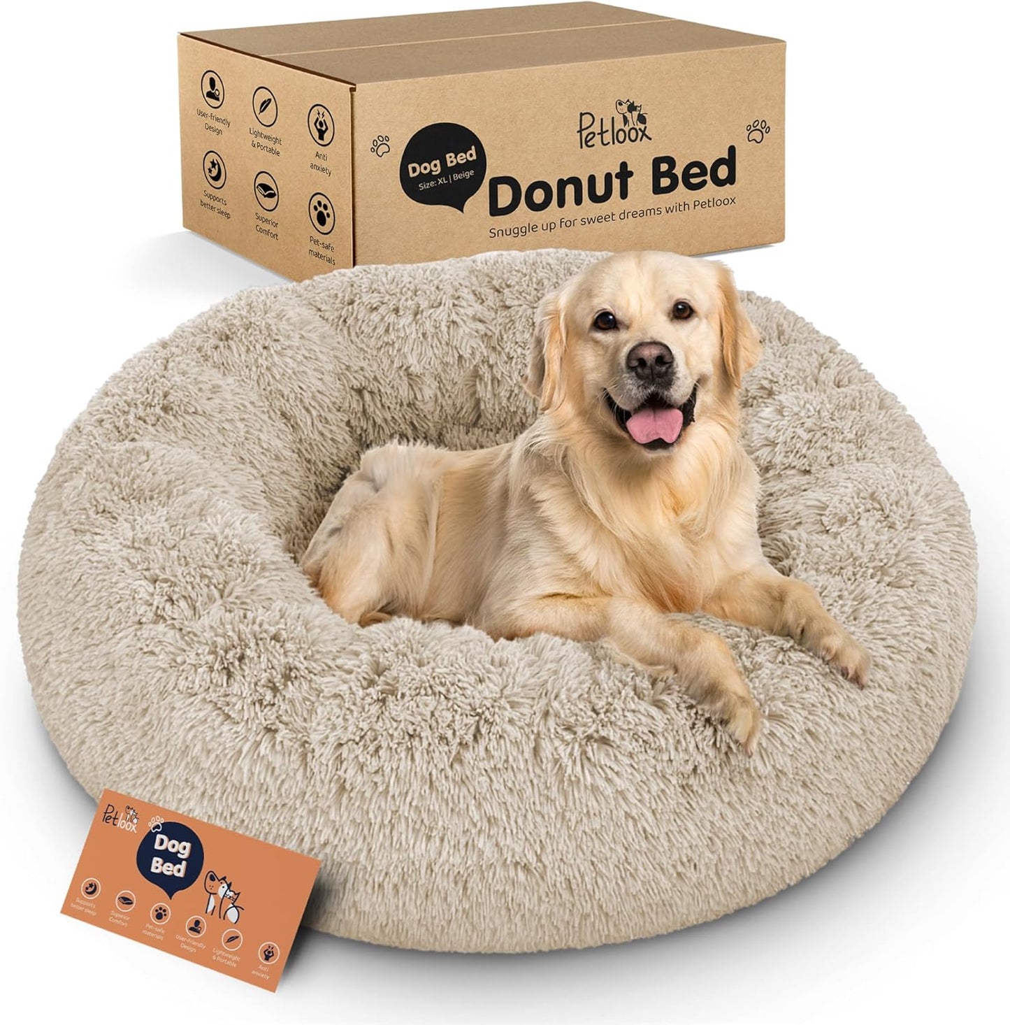 Donut Dog Bed - Premium Comfort for Anxiety Relief - Fluffy & Calming Design with Ultra-Plush Support | Cozy Round Dog Bed with Super Soft Circle Style (Size XL Beige)