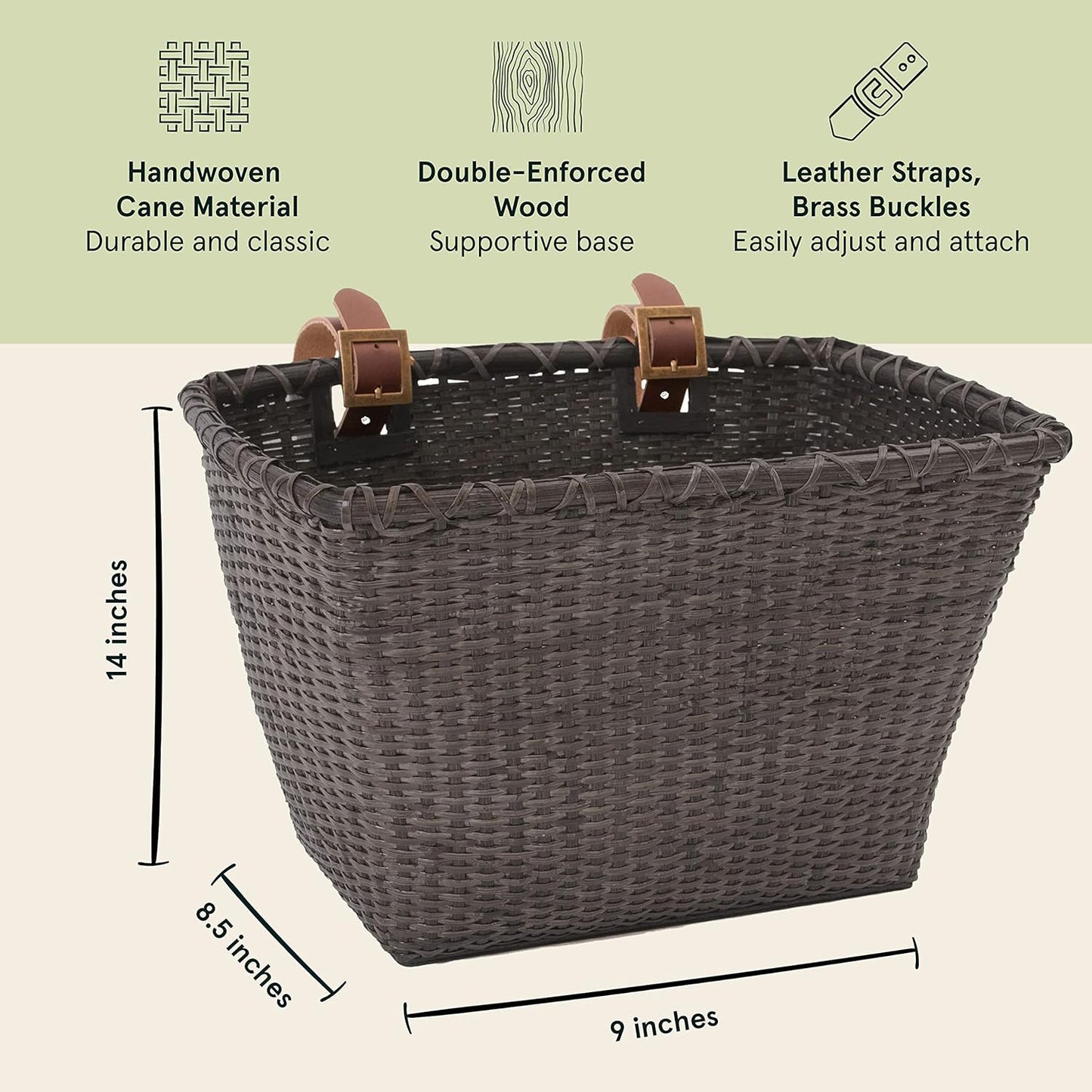 Retrospec Bicycles Cane Woven Rectangular Toto Basket with Authentic Leather Straps and Brass Buckles