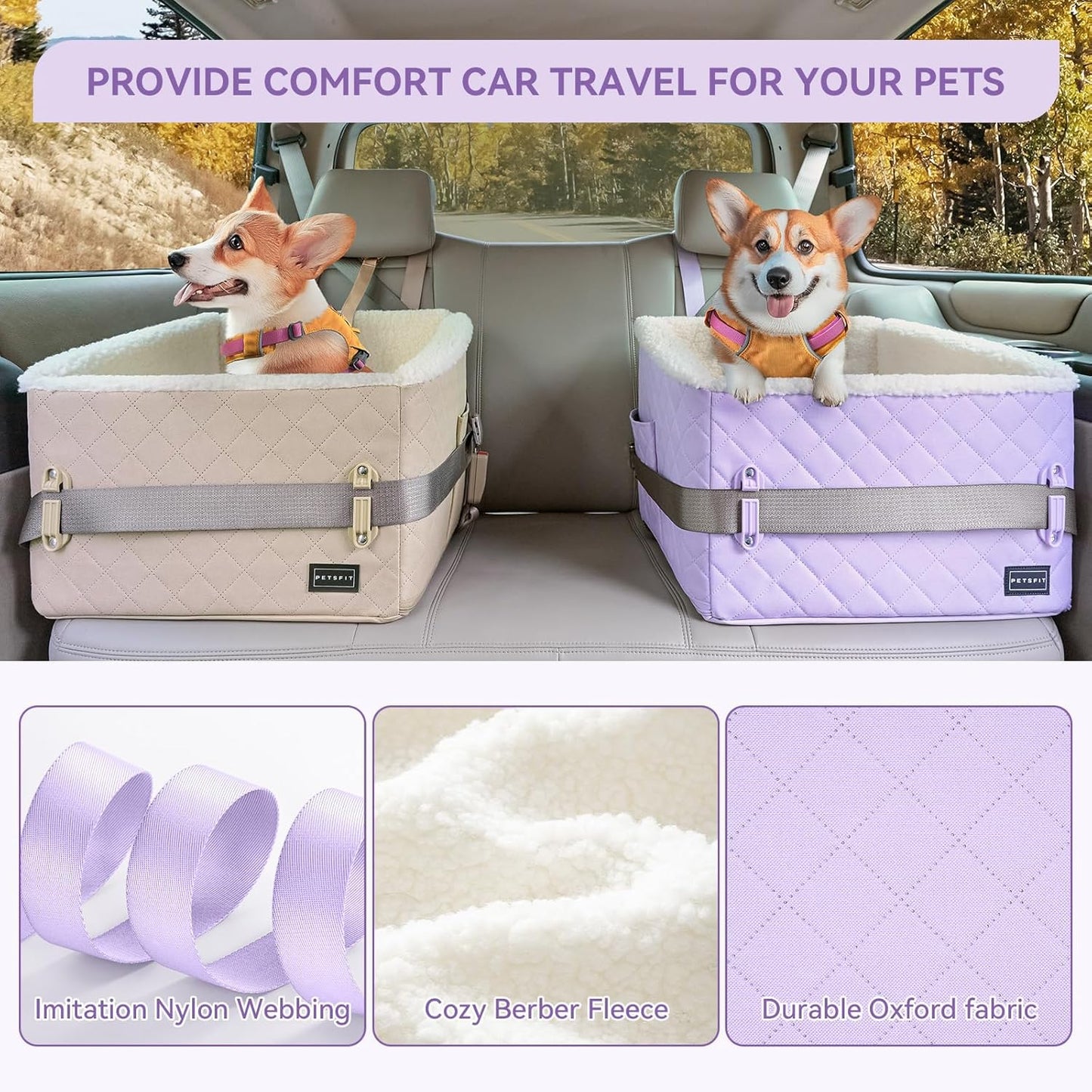PETSFIT Dog Booster Car Seat, Soft Foam Cat Car Seat with Patented Safety Buckles, Storage Pockets and Detachable Clip-On Safety Leash, Dog Car Seats for Small Dogs Under 30 LBS (Purple)