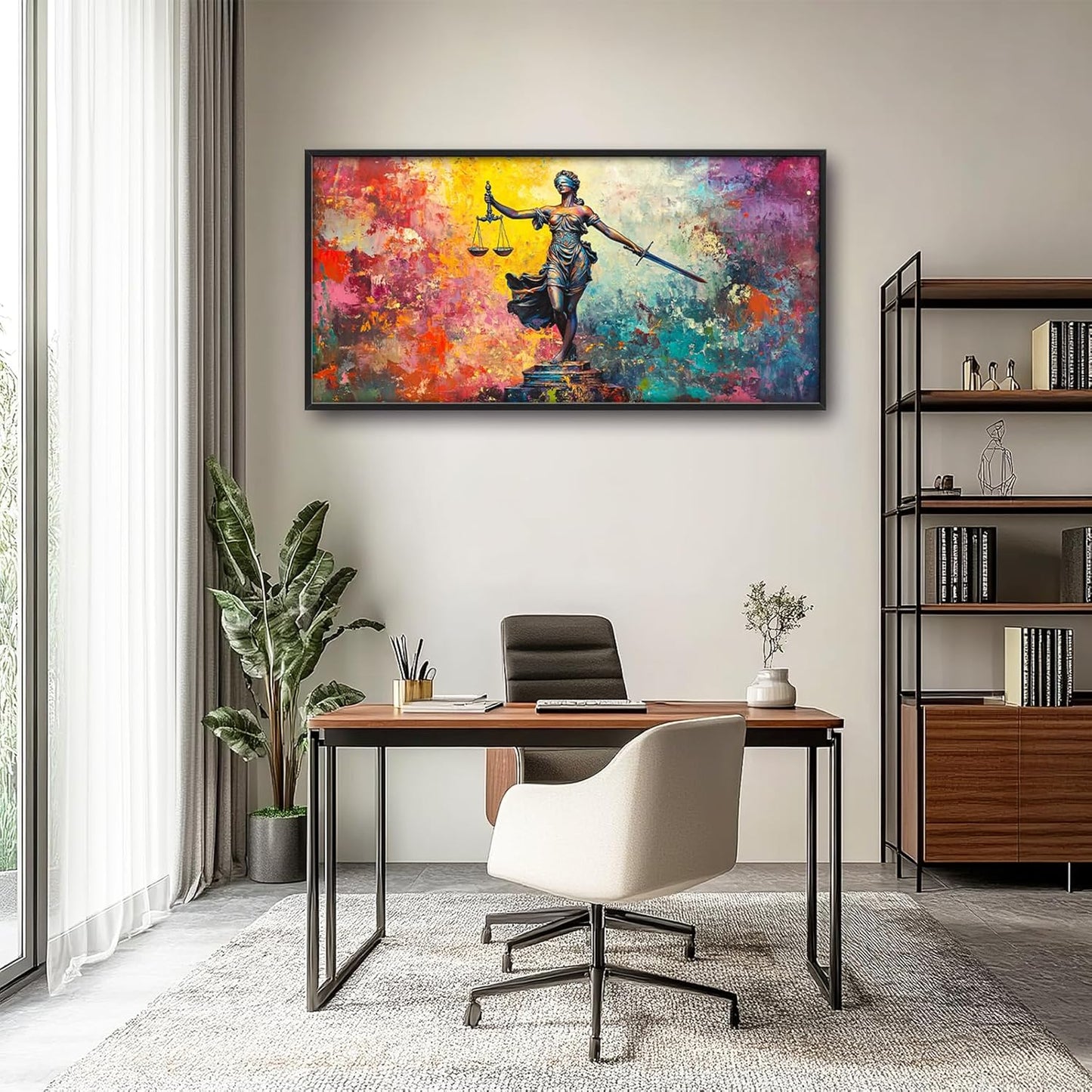 Extra Large Lady Justice Framed Wall Art for Living Room,Oversized Scales of Justice Pictures Wall Decor,Abstract Colorful Canvas Print Painting Modern Artwork Bedroom Office Bathroom 60L" x 30W"