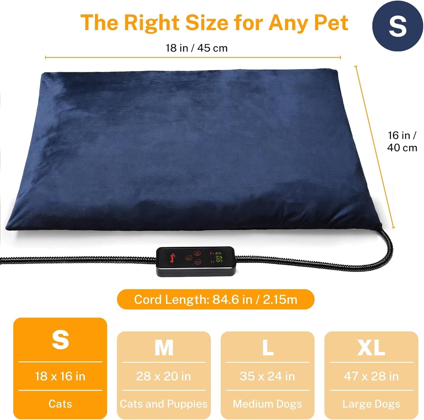 Toozey Pet Heating Pad, 6 Adjustable Temperature Heated Cat Bed with Timer, Waterproof Electric Heated Mat for Dogs and Cats, Chew Resistant Cord, Safe Indoor Use, 18x16in