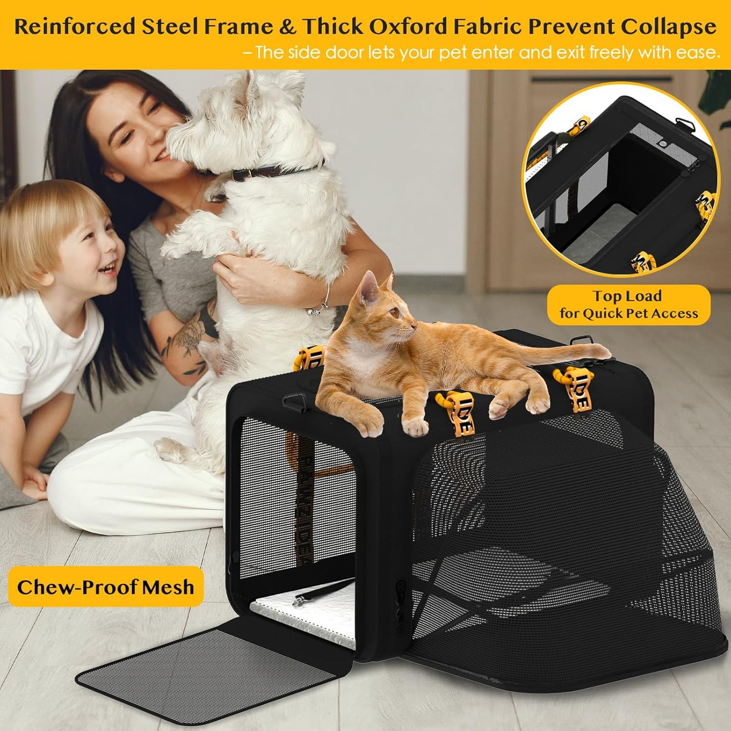 PAWZIDEA Expandable Large Pet Carrier, 24"X16"X16" Cat Carrier for 2 Cats, Collapsible Dog Travel Crate for Small Medium Dog Up 55lbs, Soft-Sided Secure Car Seat, XL Storage Pocket, ID Card, Chewproof