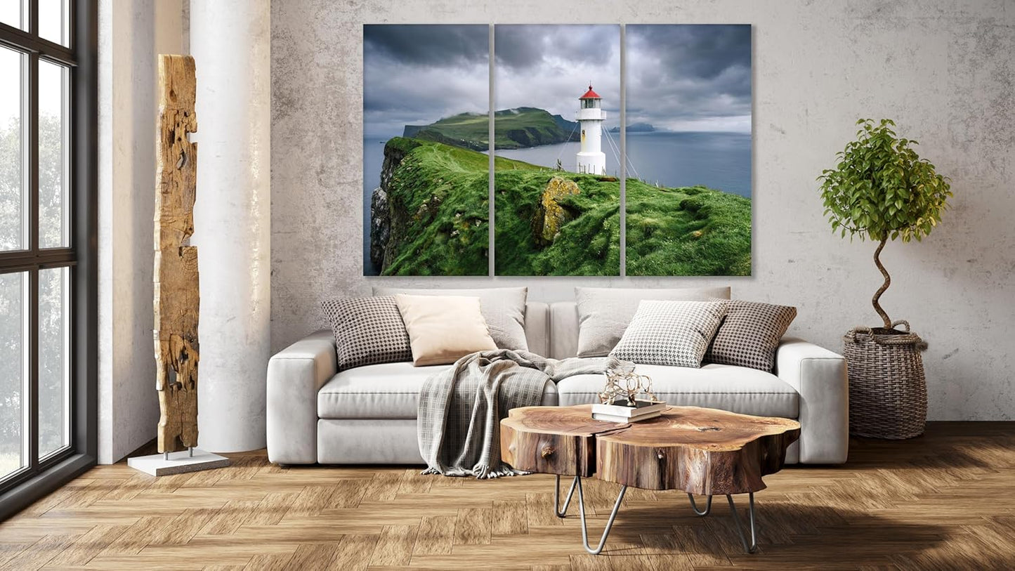 Nature Wall Art Prints - Ocean Forest Mountain Lake Canvas Landscapes - Small to Extra Large Living Room Bedroom Kitchen Bathroom Décor (Stormy Sky Lighthouse, 47L" x 71W" - 3 panels)