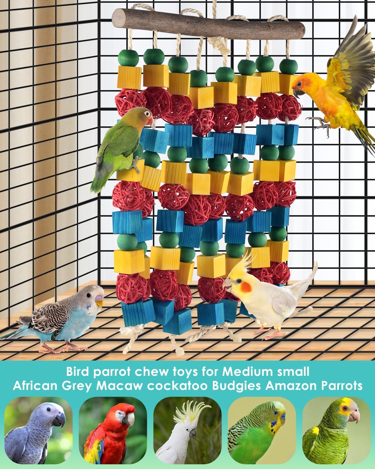 Large Parrot Toys, 17.7 inch Multicolored Natural Wooden Blocks Beads Rattan Balls, Bird Chew and Hanging Tearing Toys for Large Medium Birds Macaws African Grey Cockatoos Amazon Parrots