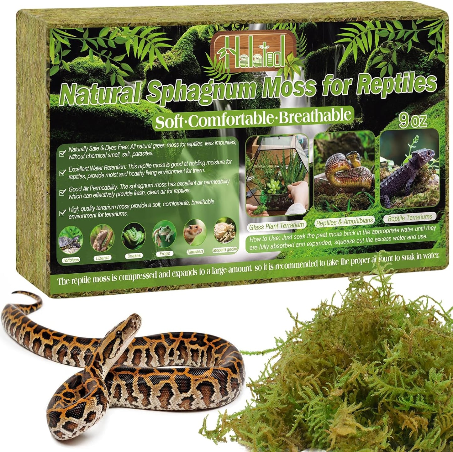 Halatool 9OZ Natural Sphagnum Moss for Reptiles- 14QT Green Live Moss for Terrarium Plants Long Fiber Reptile Moss for Leopard Gecko Snake Hamsters Tortoises Frogs Lizards Salamanders