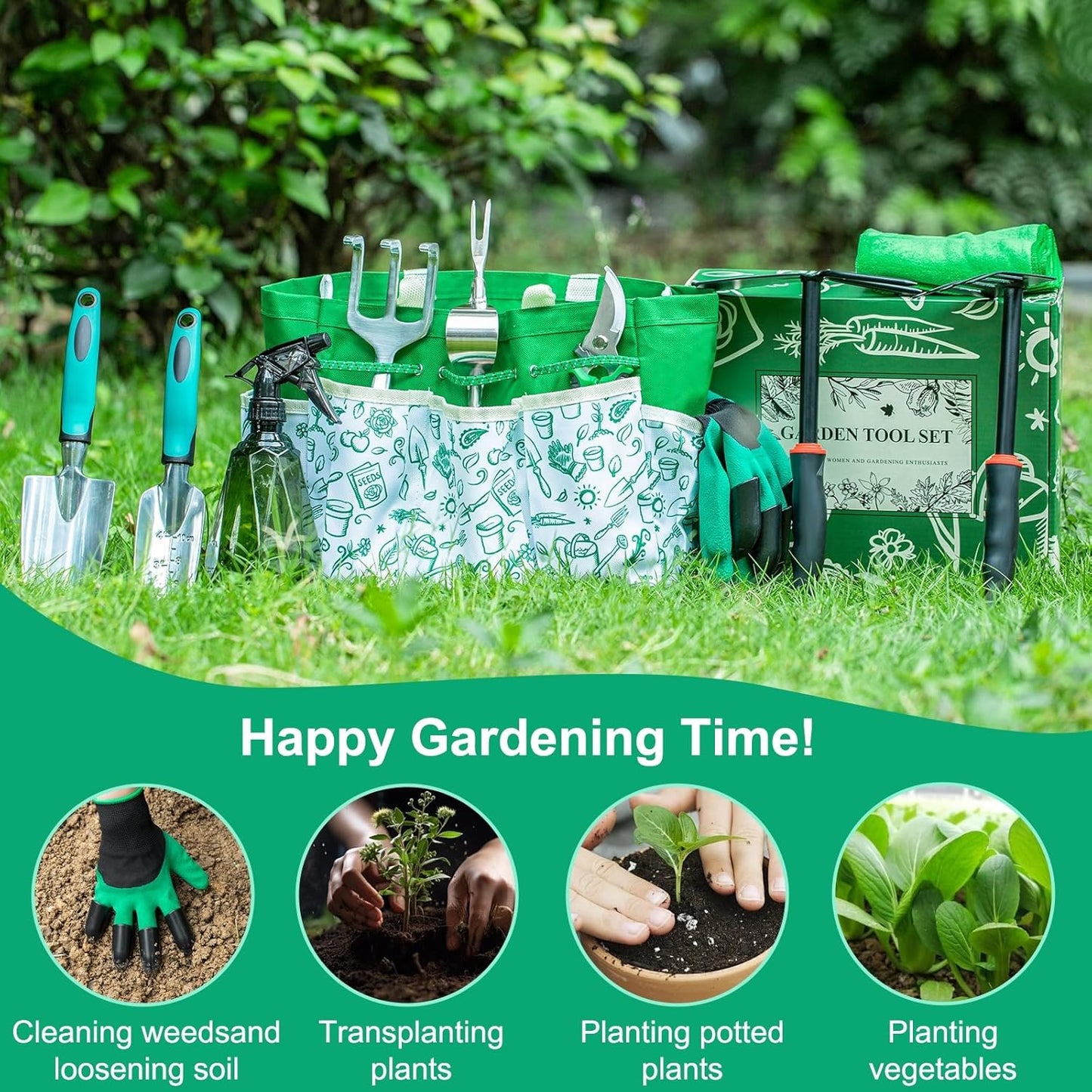 Garden Tool Set for Women, 12pcs Heavy Duty Gardening Tools, Cute Gardening Supplies Gifts for Women Mom, Garden Hand Tools with Fashion Organizer Handbag, Garden Tools for Gardening, Planting, Green