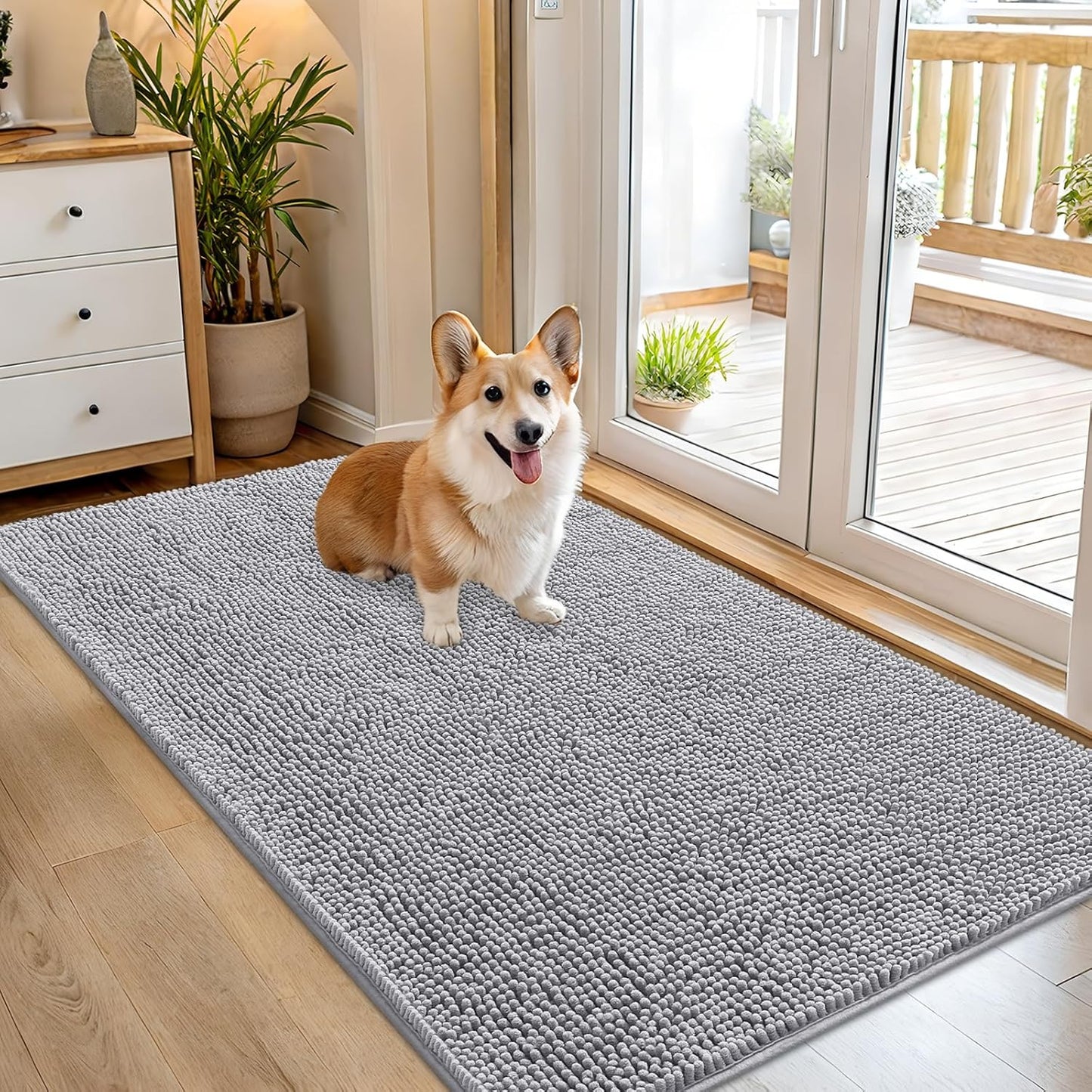 OLANLY Dog Door Mat for Muddy Paws 54x32, Absorbs Moisture and Dirt, Absorbent Non-Slip Washable Doormat, Quick Dry Chenille Mud Mat for Dogs, Entry Indoor Entryway Carpet for Inside Floor, Light Grey
