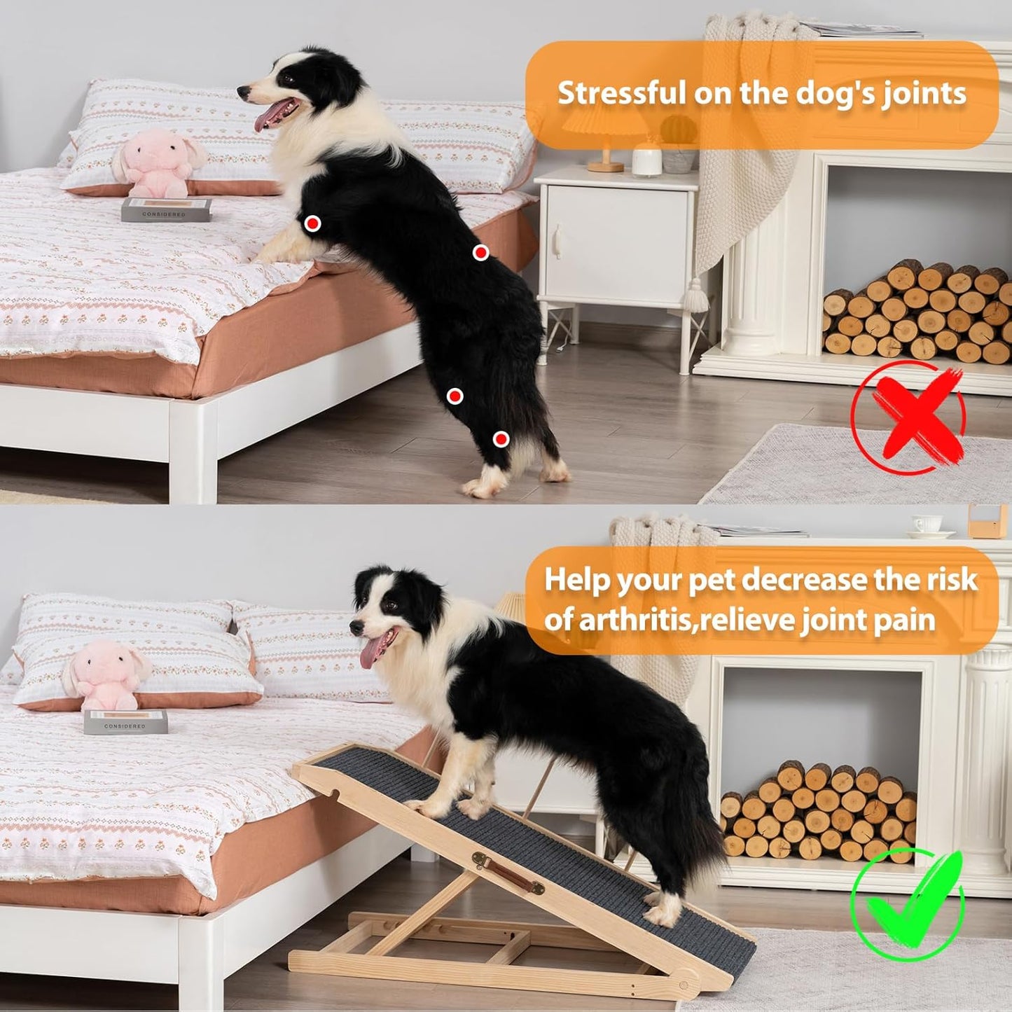 Dog Ramp for Bed Couch - Pet Steps Stairs to Get on Bed Couch 11.8"-19.6" High for Small or Large Dog Up to 200 lbs, Adjustable Wooden Dog Ramp Steps Foldable Portable, Anti-Slip Carpet (Black)