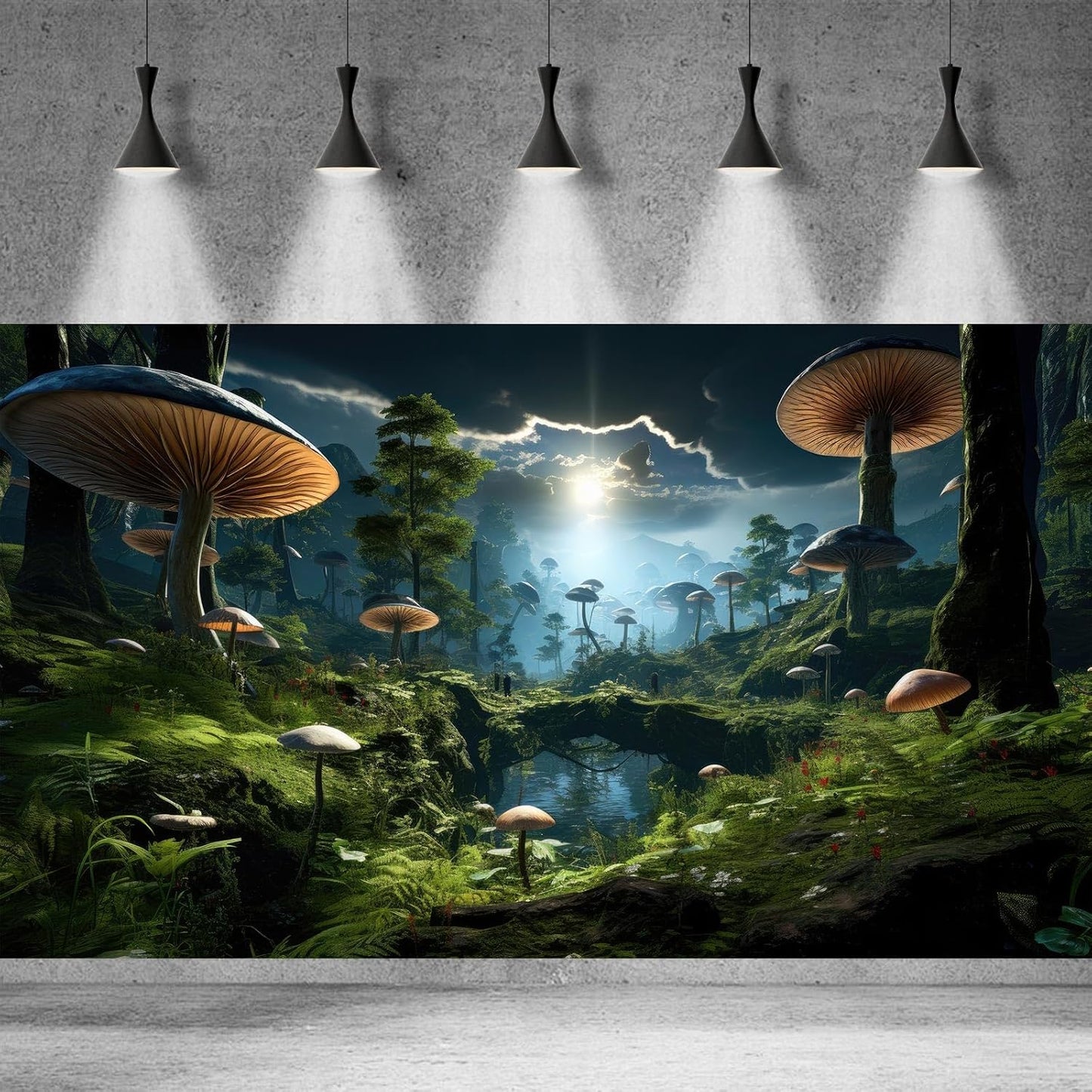 Fantasy Mushrooms Landscape Aquarium Background Tranquil Stream Cloudy Sky Terrarium Background Lush Green Tropical Plants Trees Fish Tank Backdrop Decoration Tank Background Poster 36x24in