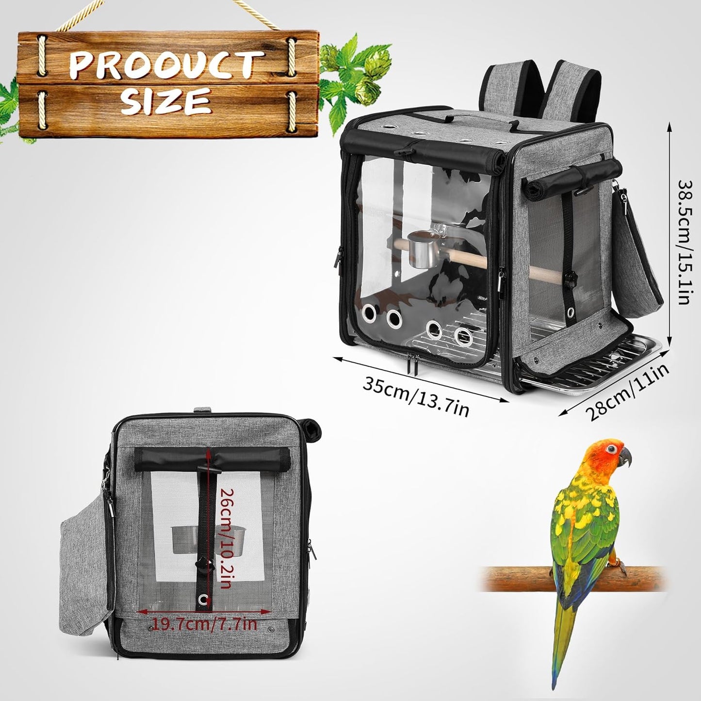 Suertree Bird Carrier with Seat Belt for Car Travel, Bird Backpack Carrier with Indestructible Stainless Steel Mesh, Large Bird Carrier Travel Cage, Grey