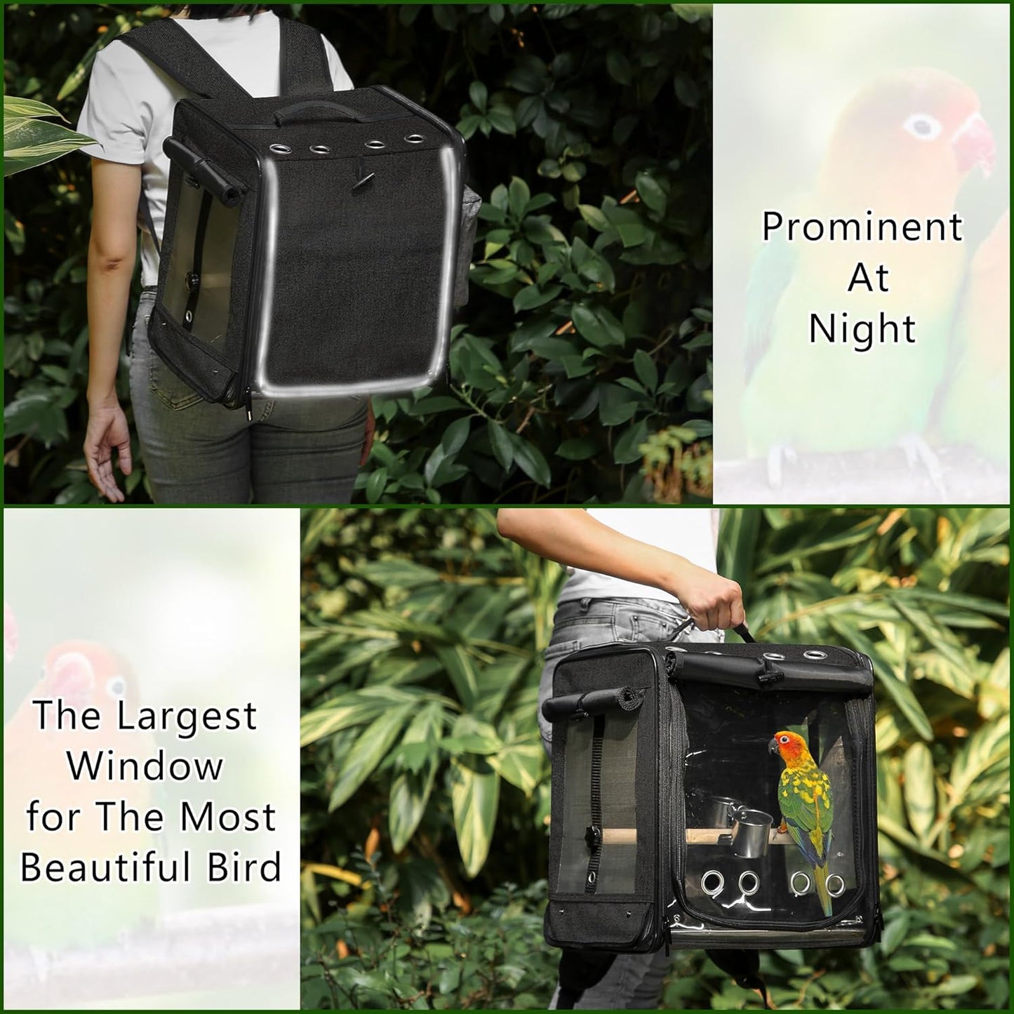 Suertree Bird Carrier with Seat Belt for Car Travel, Bird Backpack Carrier with Indestructible Stainless Steel Mesh, Large Bird Carrier Travel Cage, Black