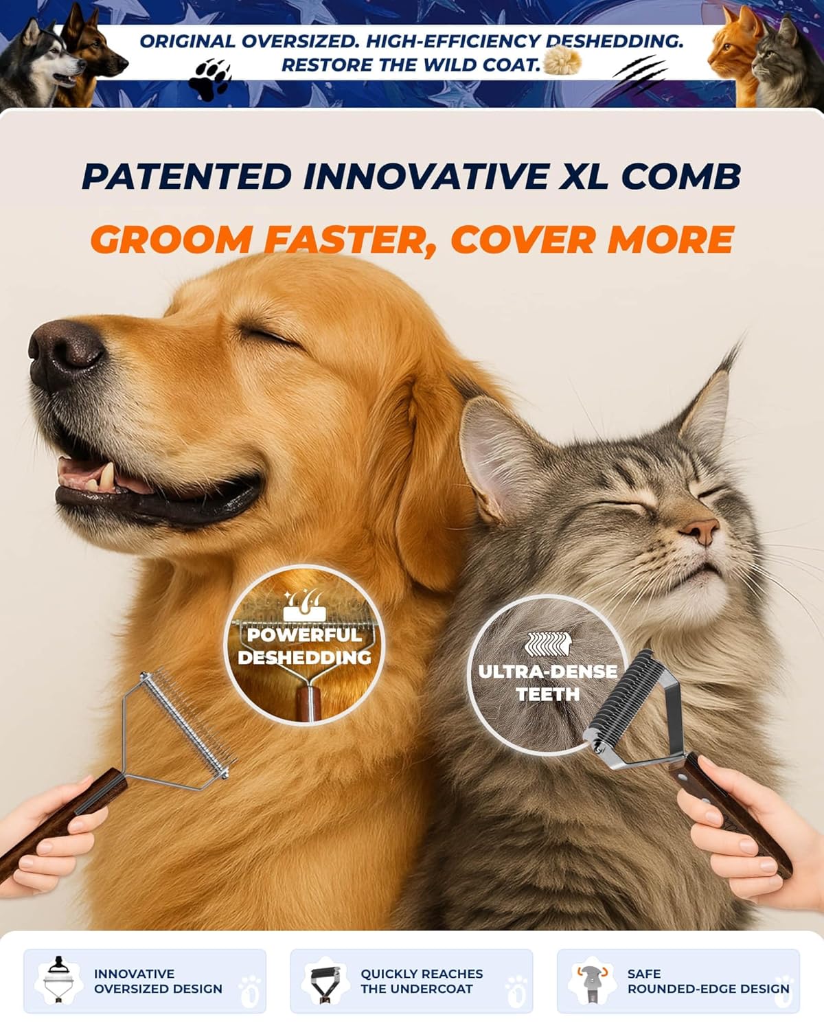 Large Dual-Sided Dogs and Cats Brush for Shedding, Unique Blade Designed Deshedding Dog Brush for Long & Short Haired Dogs, Safe&Pro Shedding Tools, Undercoat Rake for All Coats, Premium Walnut Handle