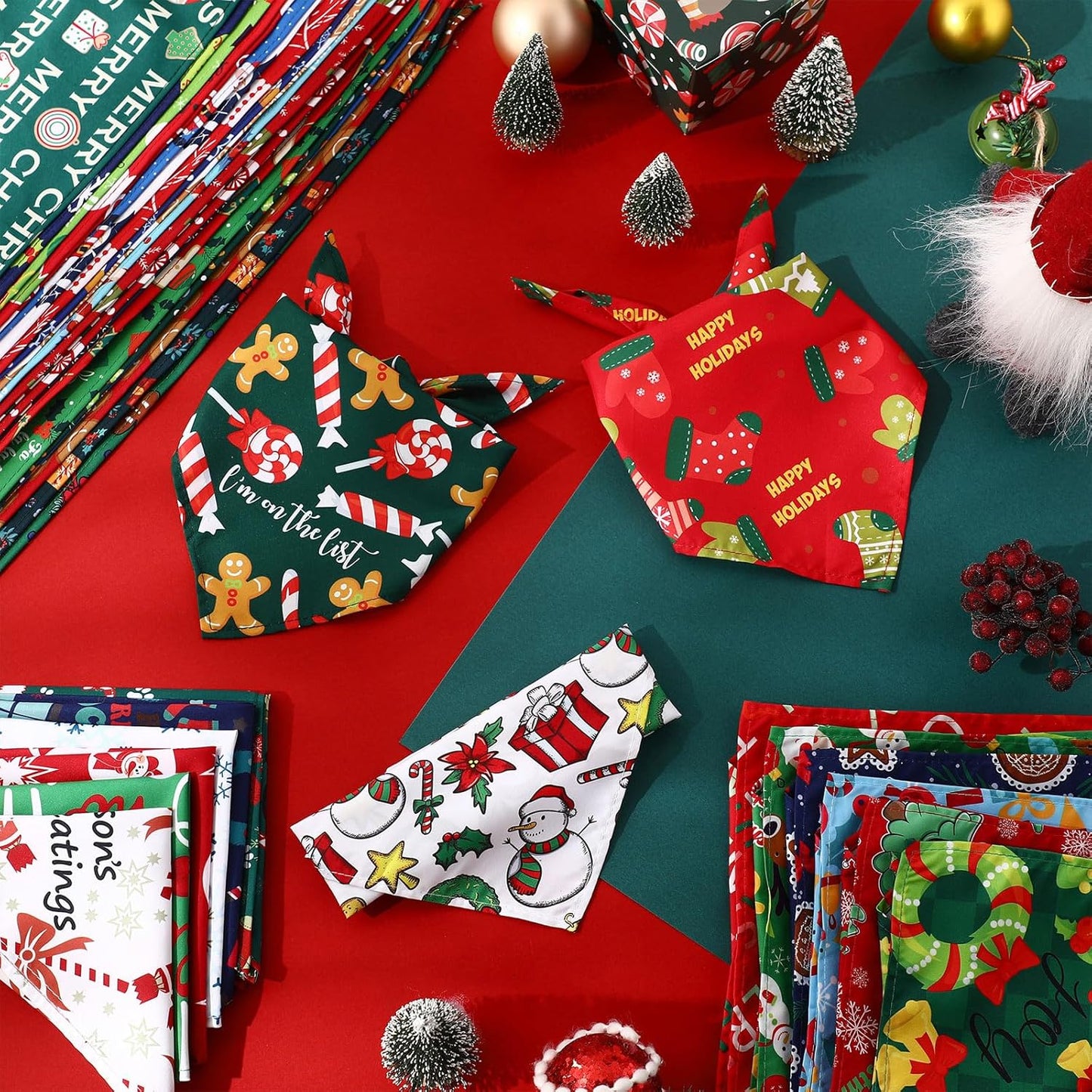 Abbylike 50 Pcs Christmas Dog Bandanas Bulk Pet Scarfs Triangle Bibs Adjustable Washable Puppy Kerchief Seasonal Pet Costume Accessories Grooming Supplies for Small Medium Large Dogs Cats